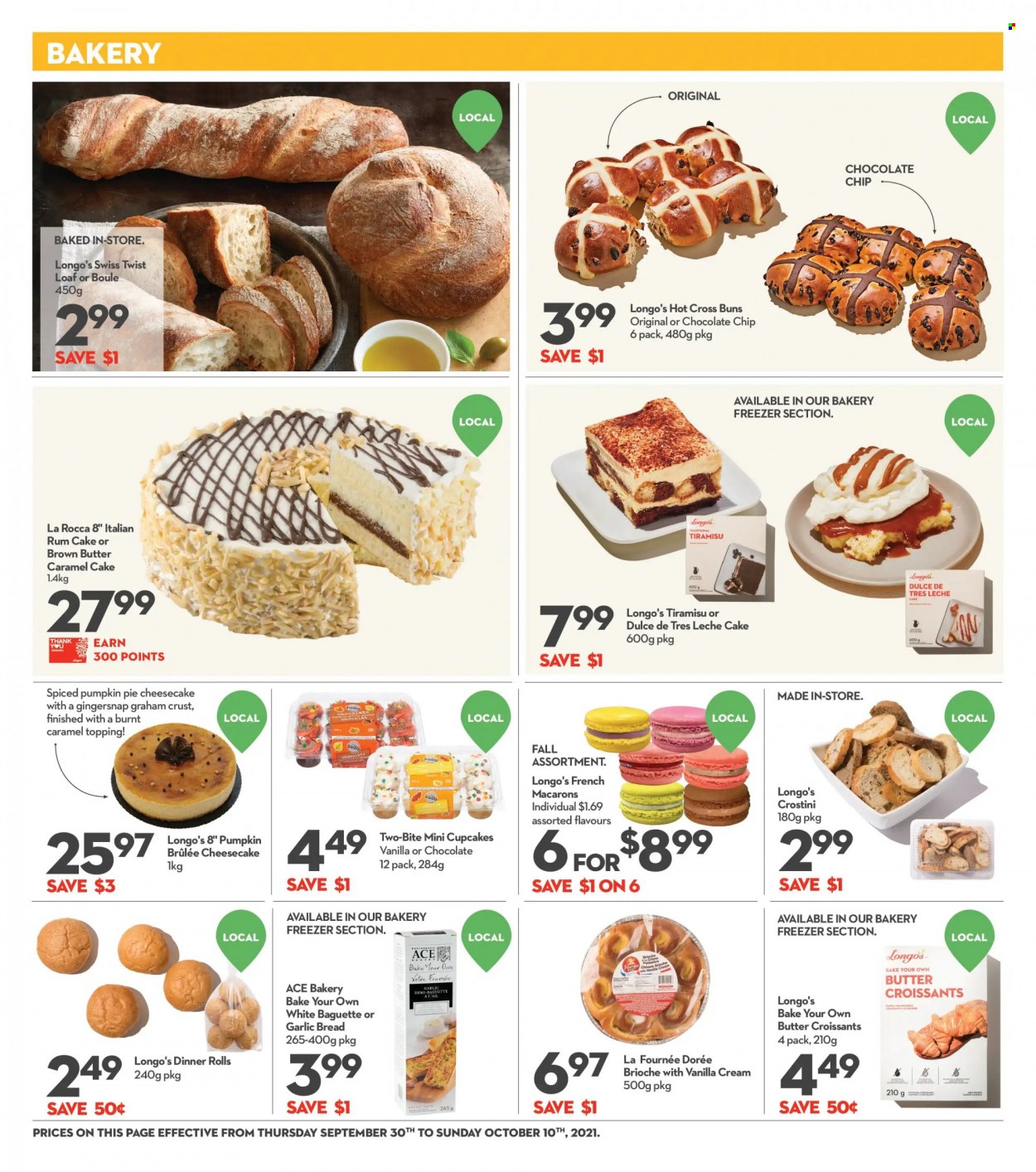 thumbnail - Longo's Flyer - September 30, 2021 - October 10, 2021 - Sales products - bread, cake, pie, dinner rolls, croissant, buns, brioche, ACE Bakery, cupcake, cheesecake, macaroons, tiramisu, pumpkin, chocolate chips, topping, caramel, rum, baguette. Page 8.
