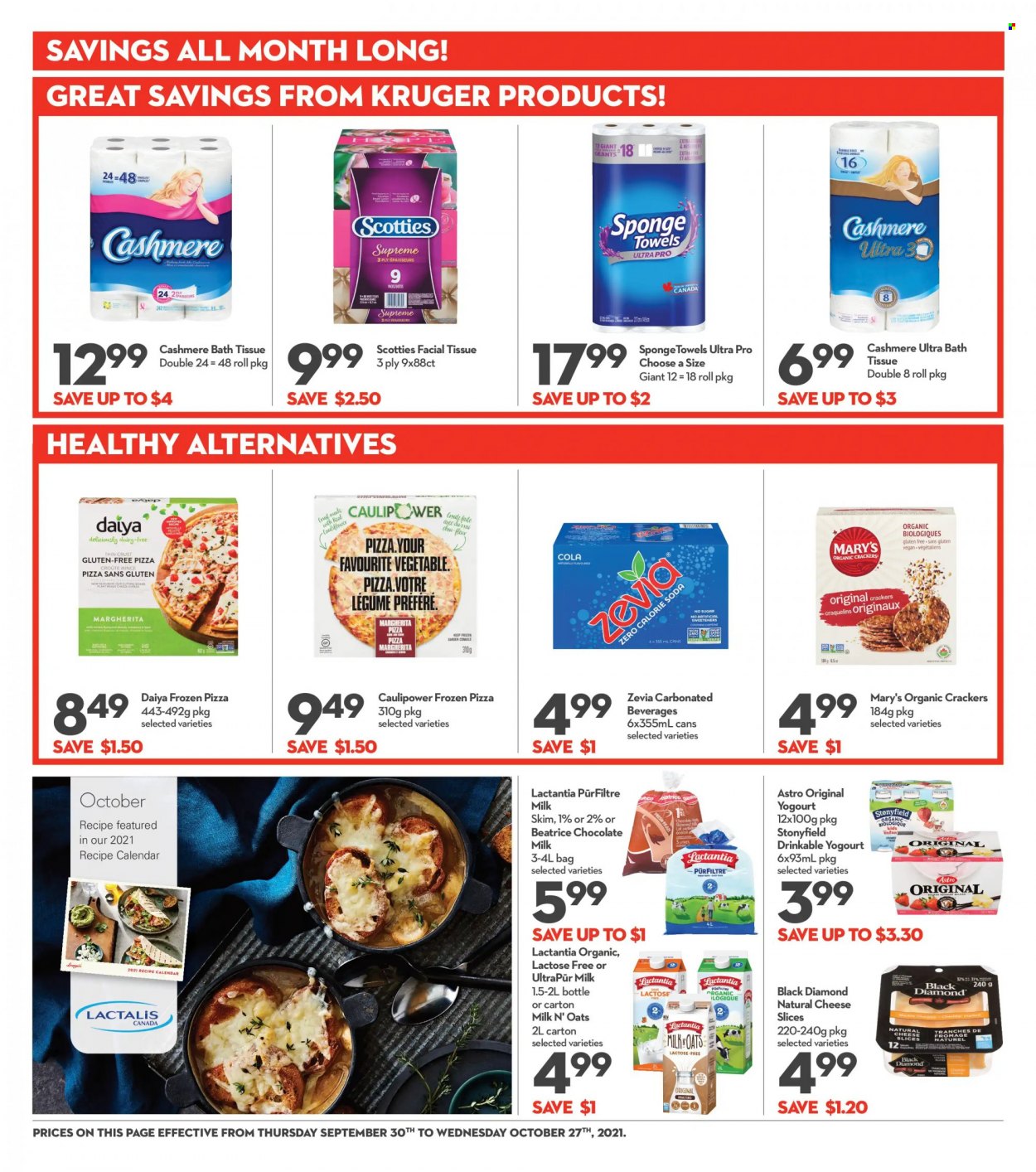 thumbnail - Longo's Flyer - September 30, 2021 - October 10, 2021 - Sales products - pizza, sliced cheese, milk, milk chocolate, chocolate, crackers, oats, soda, bath tissue, bag. Page 17.