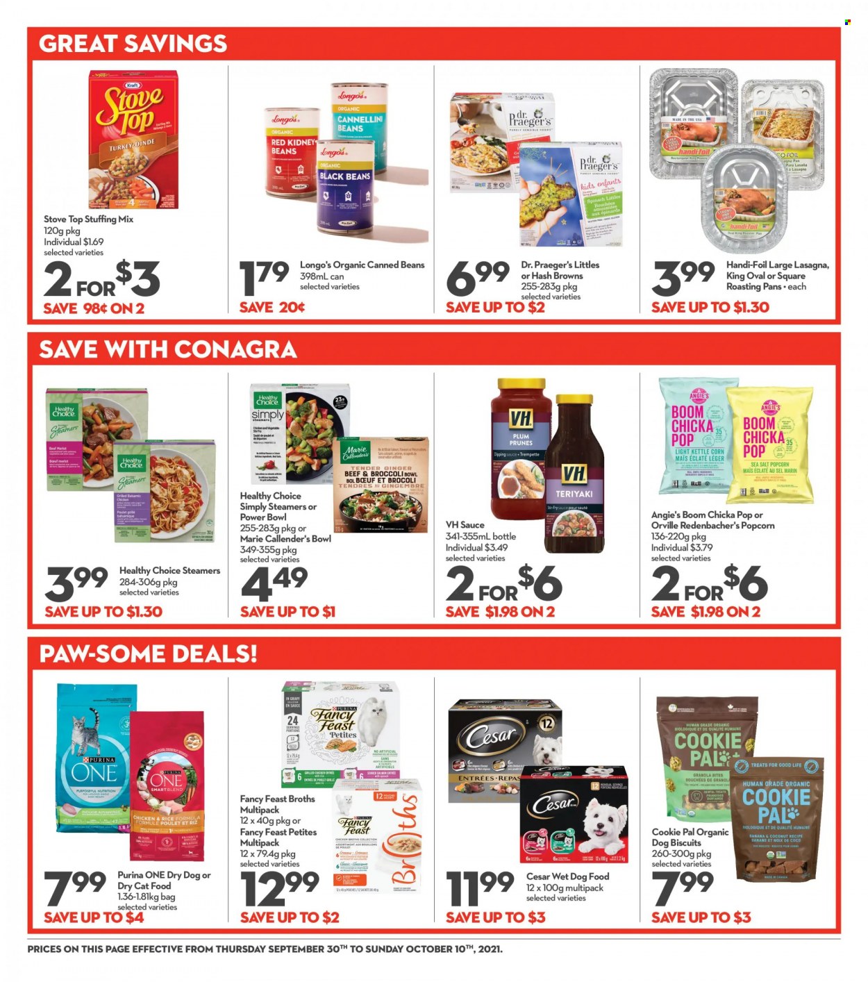 thumbnail - Longo's Flyer - September 30, 2021 - October 10, 2021 - Sales products - beans, broccoli, ginger, coconut, sauce, lasagna meal, Healthy Choice, Marie Callender's, Kraft®, hash browns, kettle corn, popcorn, stuffing mix, black beans, cannellini beans, kidney beans, Good Life, prunes, dried fruit, Merlot, Voom, granola. Page 18.