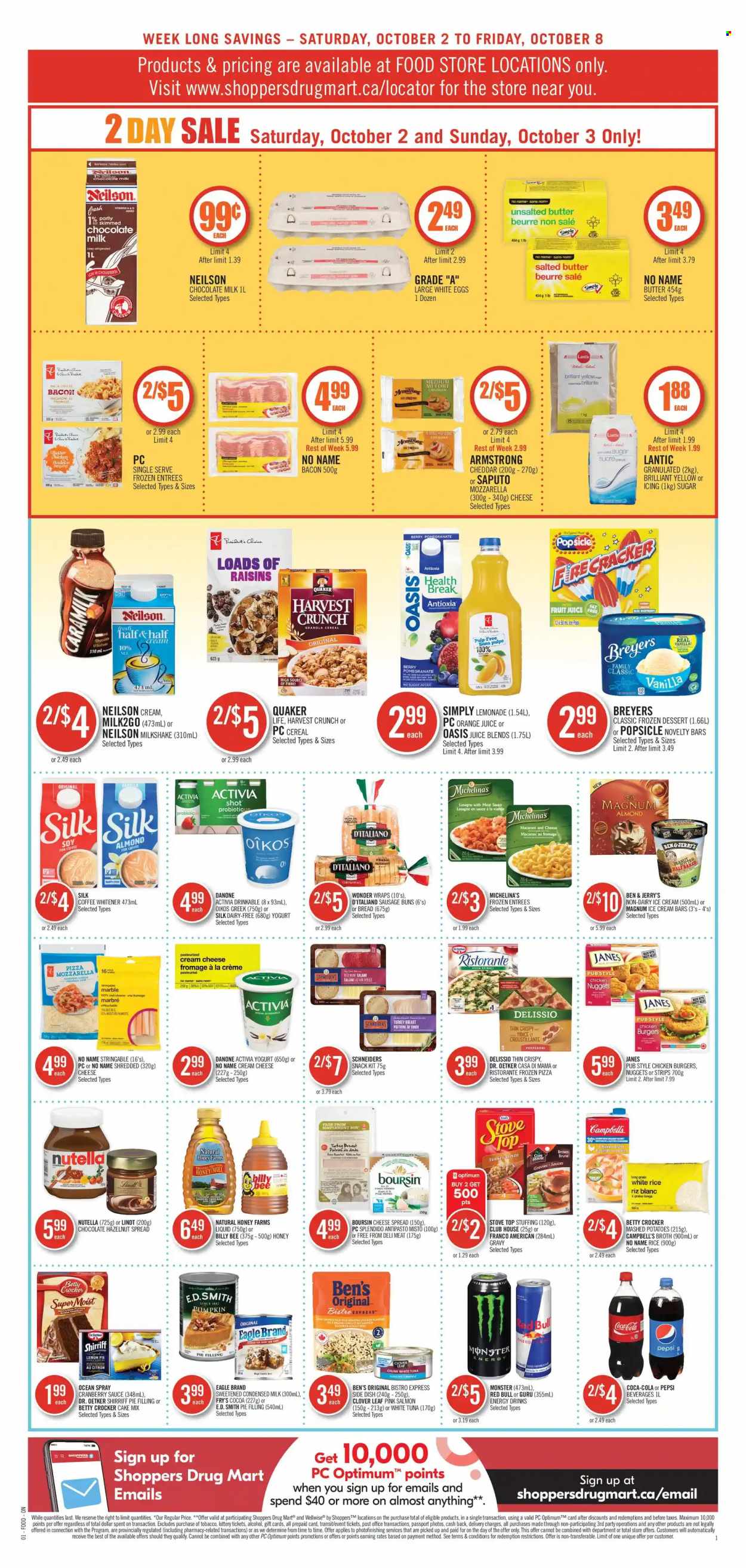 thumbnail - Shoppers Drug Mart Flyer - October 02, 2021 - October 08, 2021 - Sales products - milk chocolate, snack, crackers, cream cheese, pie filling, Dr. Oetker, broth, salmon, tuna, pumpkin, cereals, Quaker, white rice, Campbell's, Kraft®, cranberry sauce, honey, hazelnut spread, dried fruit, Coca-Cola, lemonade, Pepsi, orange juice, juice, fruit juice, energy drink, Monster, Clover, Red Bull, coffee, alcohol, granola, raisins, Nutella, Lindt. Page 5.