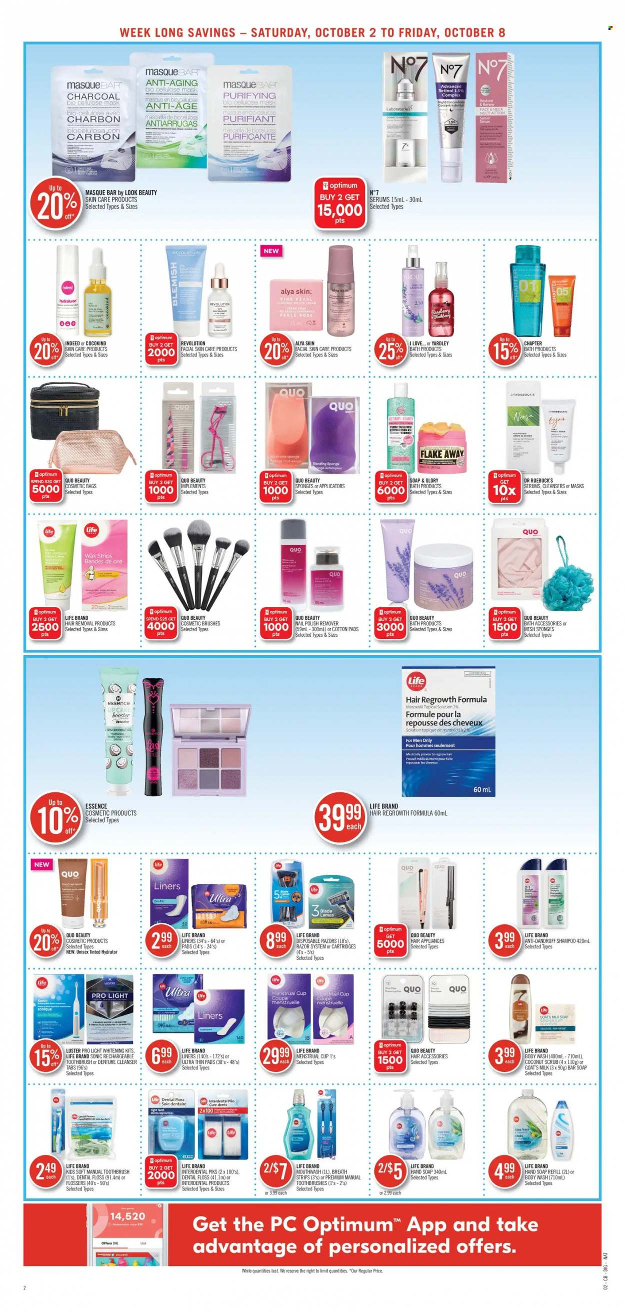 thumbnail - Shoppers Drug Mart Flyer - October 02, 2021 - October 08, 2021 - Sales products - Thins, coconut oil, oil, body wash, hand soap, soap bar, soap, toothbrush, mouthwash, cleanser, serum, Yardley, razor, hair removal, wax strips, disposable razor, cosmetic bag, nail polish remover, shades. Page 11.