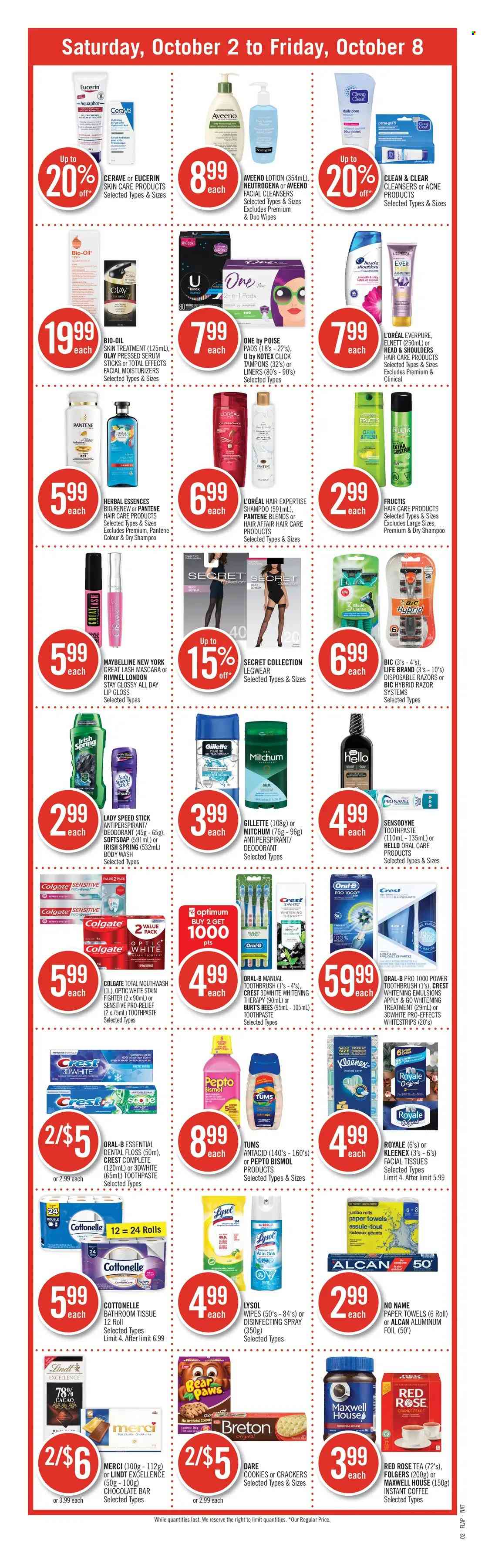 thumbnail - Shoppers Drug Mart Flyer - October 02, 2021 - October 08, 2021 - Sales products - cookies, crackers, Merci, chocolate bar, Maxwell House, tea, instant coffee, Folgers, wipes, Aquaphor, Aveeno, bath tissue, Cottonelle, Kleenex, kitchen towels, paper towels, Lysol, body wash, Softsoap, toothbrush, toothpaste, mouthwash, Crest, Kotex, tampons, CeraVe, facial tissues, L’Oréal, moisturizer, serum, Olay, Clean & Clear, Herbal Essences, Fructis, body lotion, anti-perspirant, Speed Stick, BIC, razor, disposable razor, lip gloss, mascara, Rimmel, Antacid, Colgate, Eucerin, Gillette, Maybelline, Neutrogena, shampoo, Head & Shoulders, Pantene, Oral-B, Sensodyne, Lindt, deodorant. Page 15.