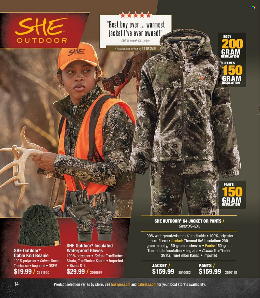 thumbnail - Bass Pro Shops Flyer - Sales products - jacket, pants, beanie, gloves. Page 14.