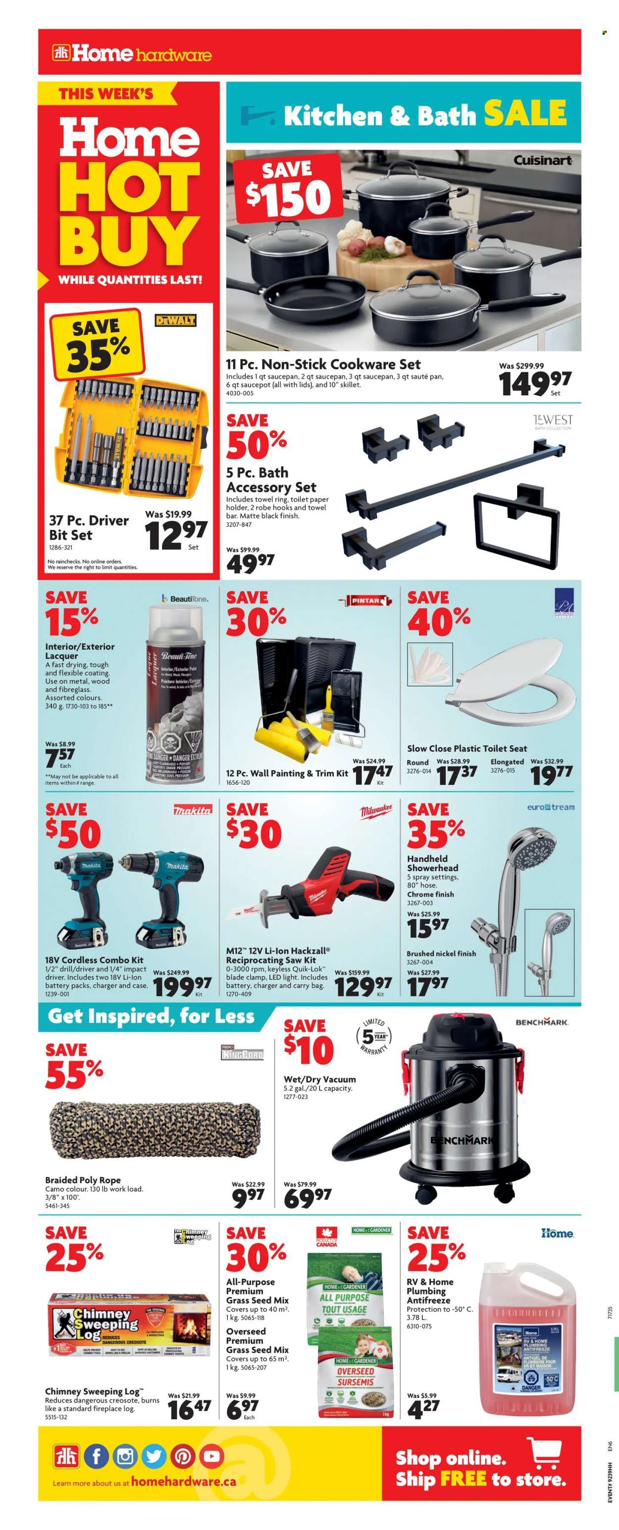 thumbnail - Home Hardware Flyer - September 30, 2021 - October 06, 2021 - Sales products - Cuisinart, vacuum cleaner, toilet seat, showerhead, LED light, holder, fireplace, Milwaukee, cordless combo kit, DeWALT, drill, Makita, saw, reciprocating saw, combo kit, plant seeds, grass seed. Page 2.
