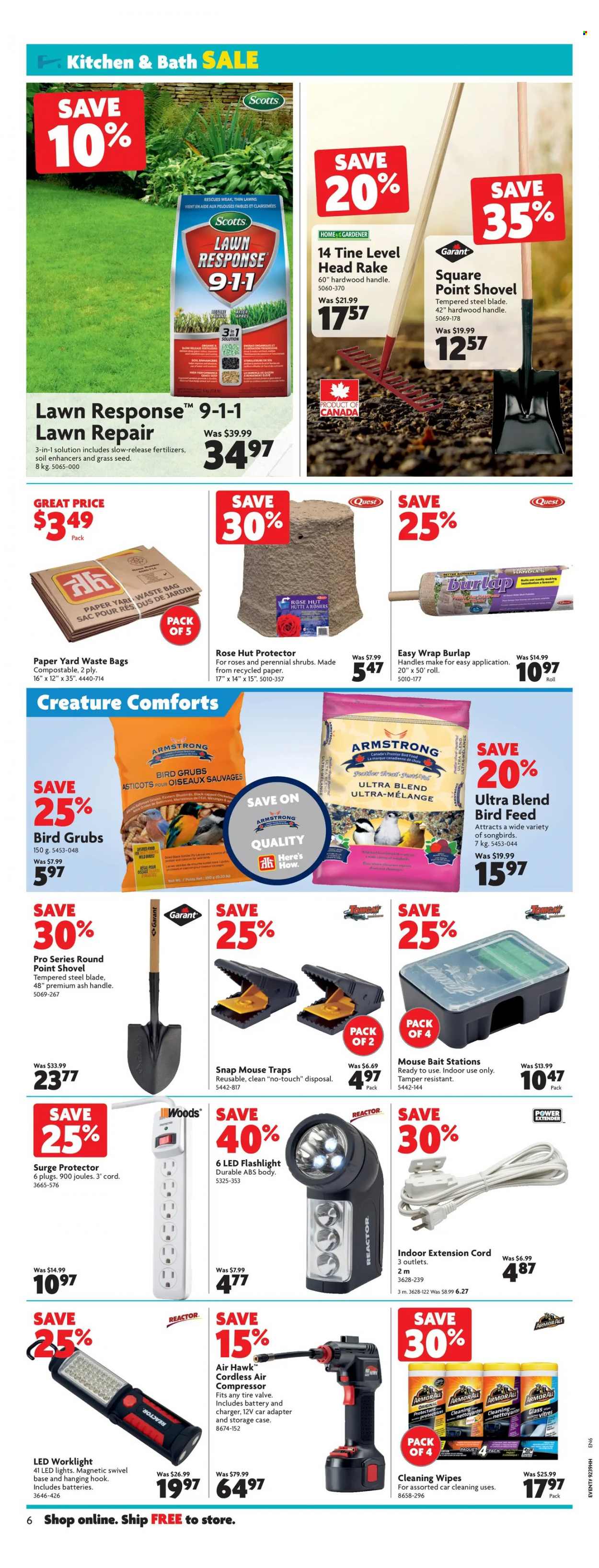 thumbnail - Home Hardware Flyer - September 30, 2021 - October 06, 2021 - Sales products - LED light, surge, surge protector, shovel, air compressor, extension cord, plant seeds, rose, grass seed, bag. Page 7.