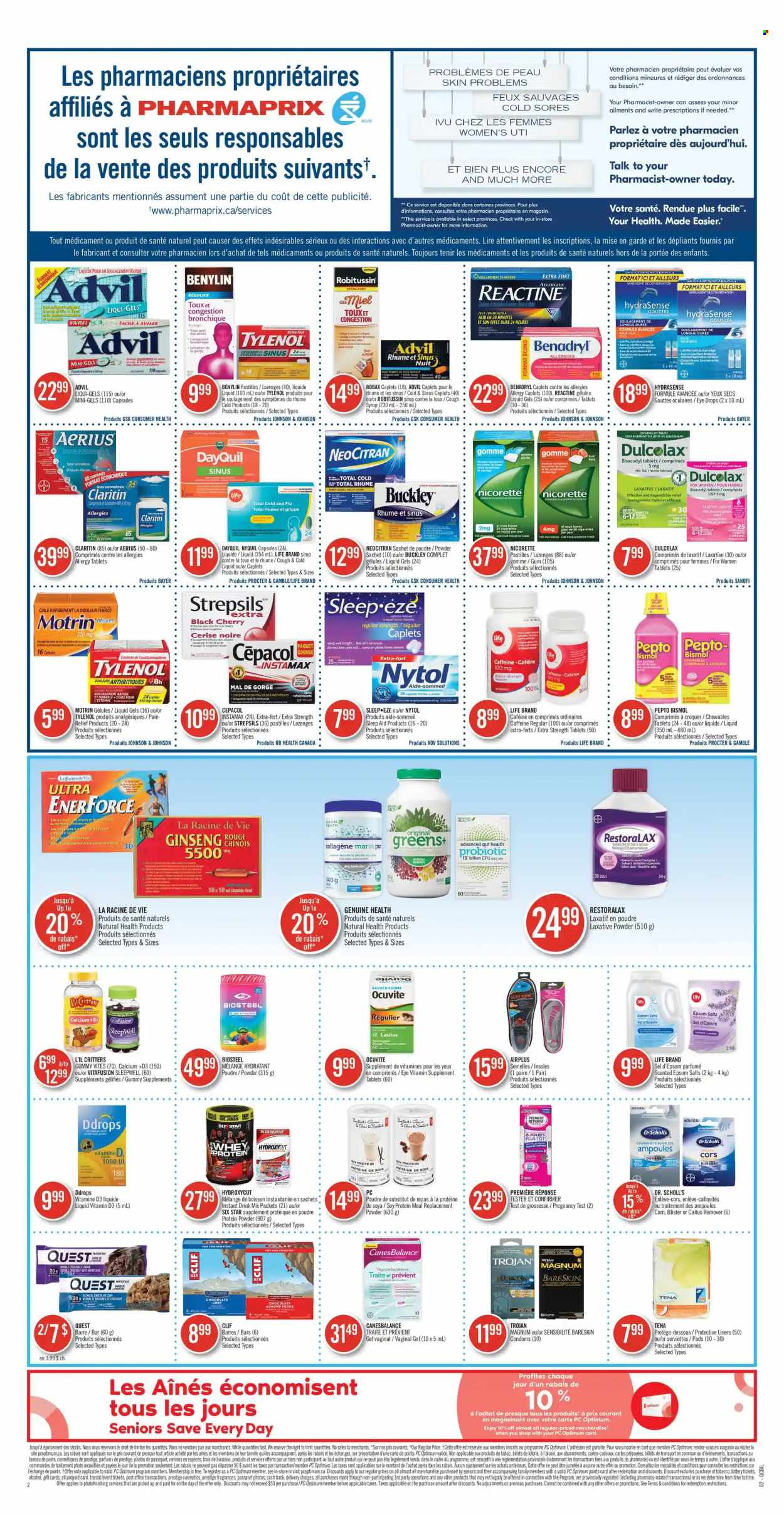 thumbnail - Pharmaprix Flyer - October 02, 2021 - October 08, 2021 - Sales products - corn, cherries, Magnum, chocolate, pastilles, syrup, alcohol, Johnson's, callus remover, toys, pain relief, DayQuil, Dulcolax, Nicorette, Tylenol, Vitafusion, NyQuil, ginseng, eye drops, Advil Rapid, whey protein, Strepsils, laxative, vitamin D3, Bayer, Benylin, Motrin, Dr. Scholl's, calcium, Robitussin, Ocuvite. Page 2.