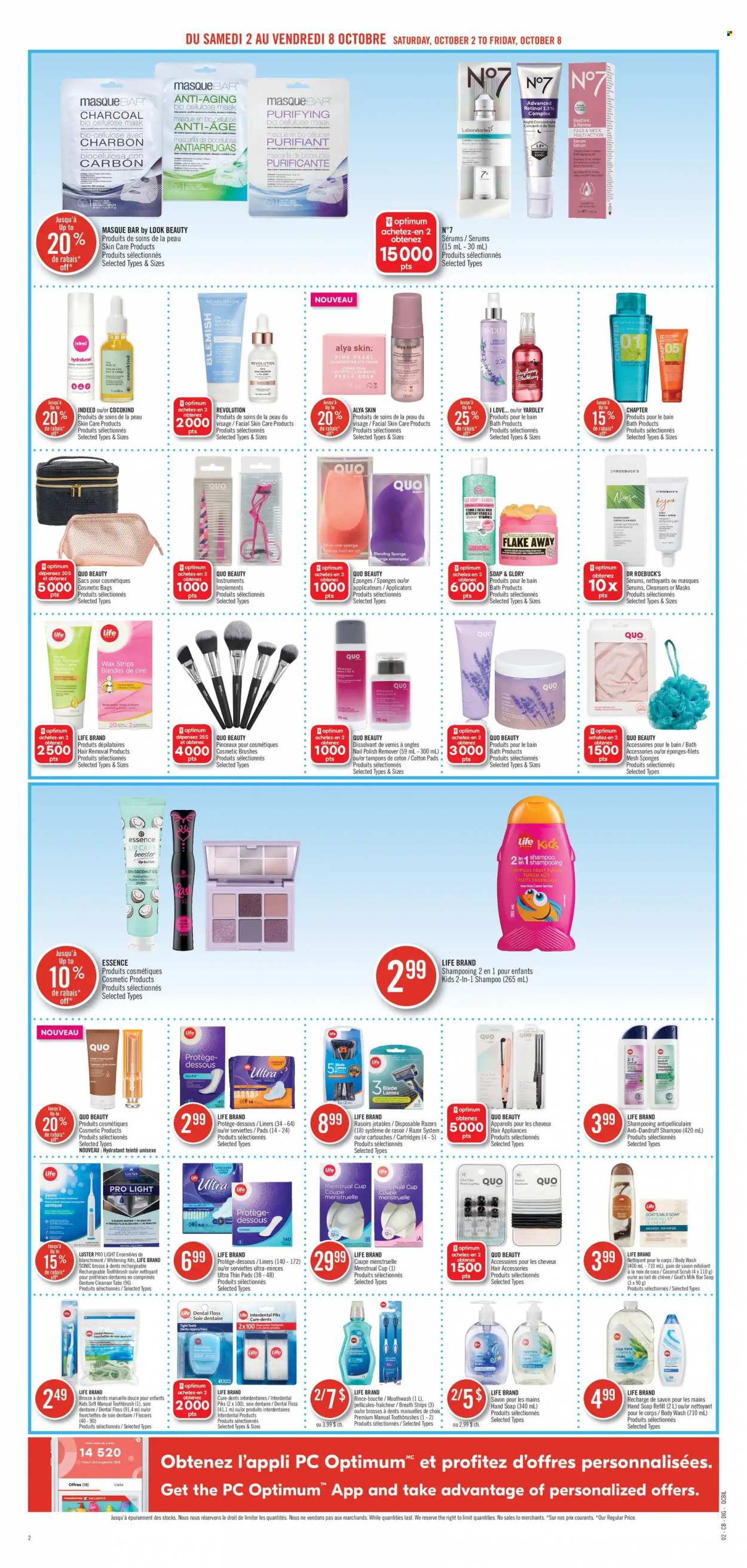 thumbnail - Pharmaprix Flyer - October 02, 2021 - October 08, 2021 - Sales products - Ace, milk, butter, Thins, coconut oil, oil, fruit punch, body wash, hand soap, soap bar, soap, toothbrush, mouthwash, tampons, cleanser, serum, Yardley, razor, hair removal, wax strips, disposable razor, cosmetic bag, nail polish remover, sponge, cup, shampoo. Page 11.