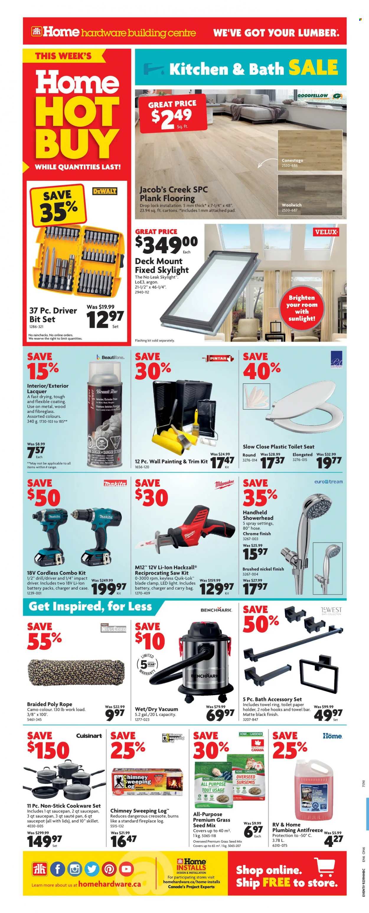 thumbnail - Home Hardware Building Centre Flyer - September 30, 2021 - October 06, 2021 - Sales products - toilet paper, Cuisinart, vacuum cleaner, toilet seat, showerhead, LED light, holder, fireplace, flooring, Milwaukee, cordless combo kit, DeWALT, drill, saw, reciprocating saw, combo kit, plant seeds, grass seed, antifreeze. Page 2.