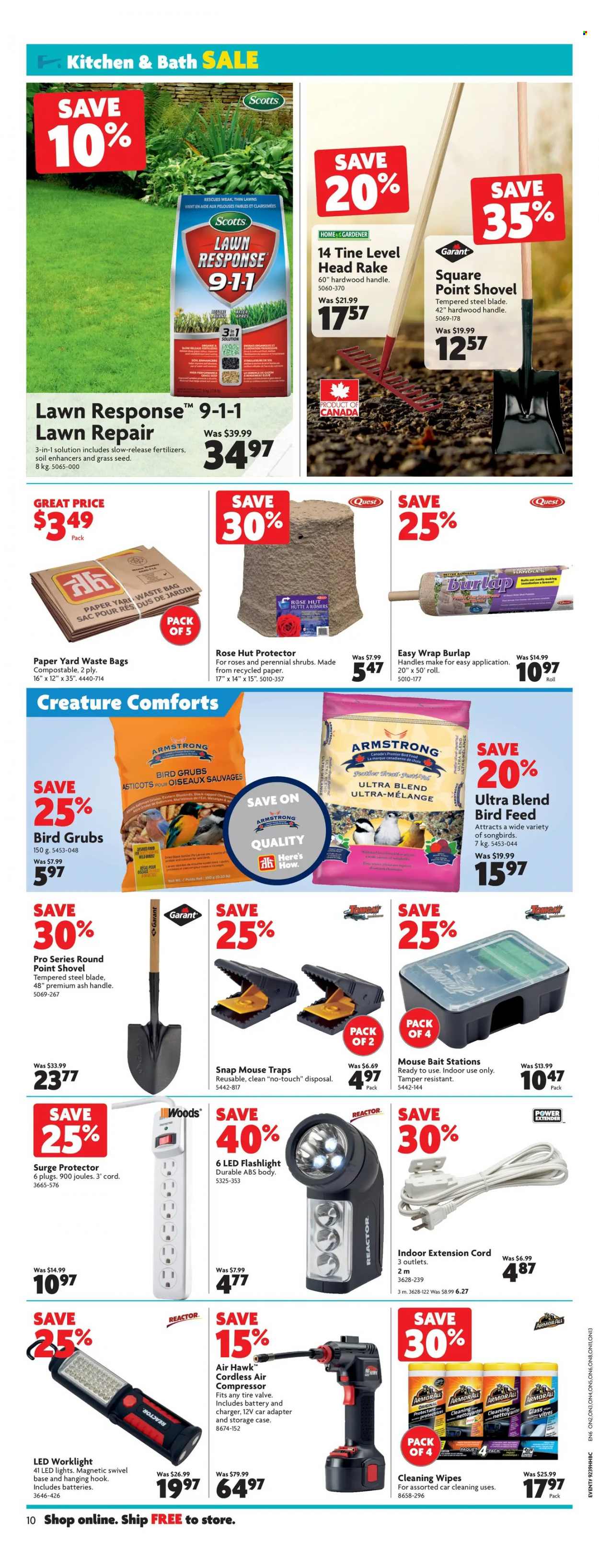 thumbnail - Home Hardware Building Centre Flyer - September 30, 2021 - October 06, 2021 - Sales products - cleansing wipes, wipes, bag, trash bags, waste bag, LED light, surge, surge protector, shovel, air compressor, extension cord, plant seeds, rose, grass seed. Page 12.