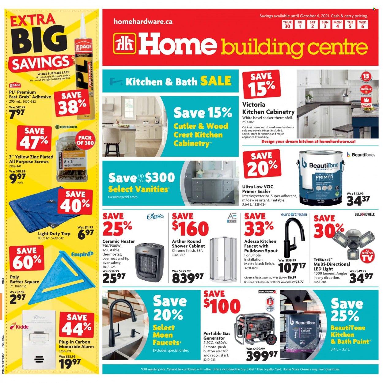 thumbnail - Home Building Centre Flyer - September 30, 2021 - October 06, 2021 - Sales products - cabinet, faucet, adhesive, paint, LED light, heater, gas generator, generator. Page 1.