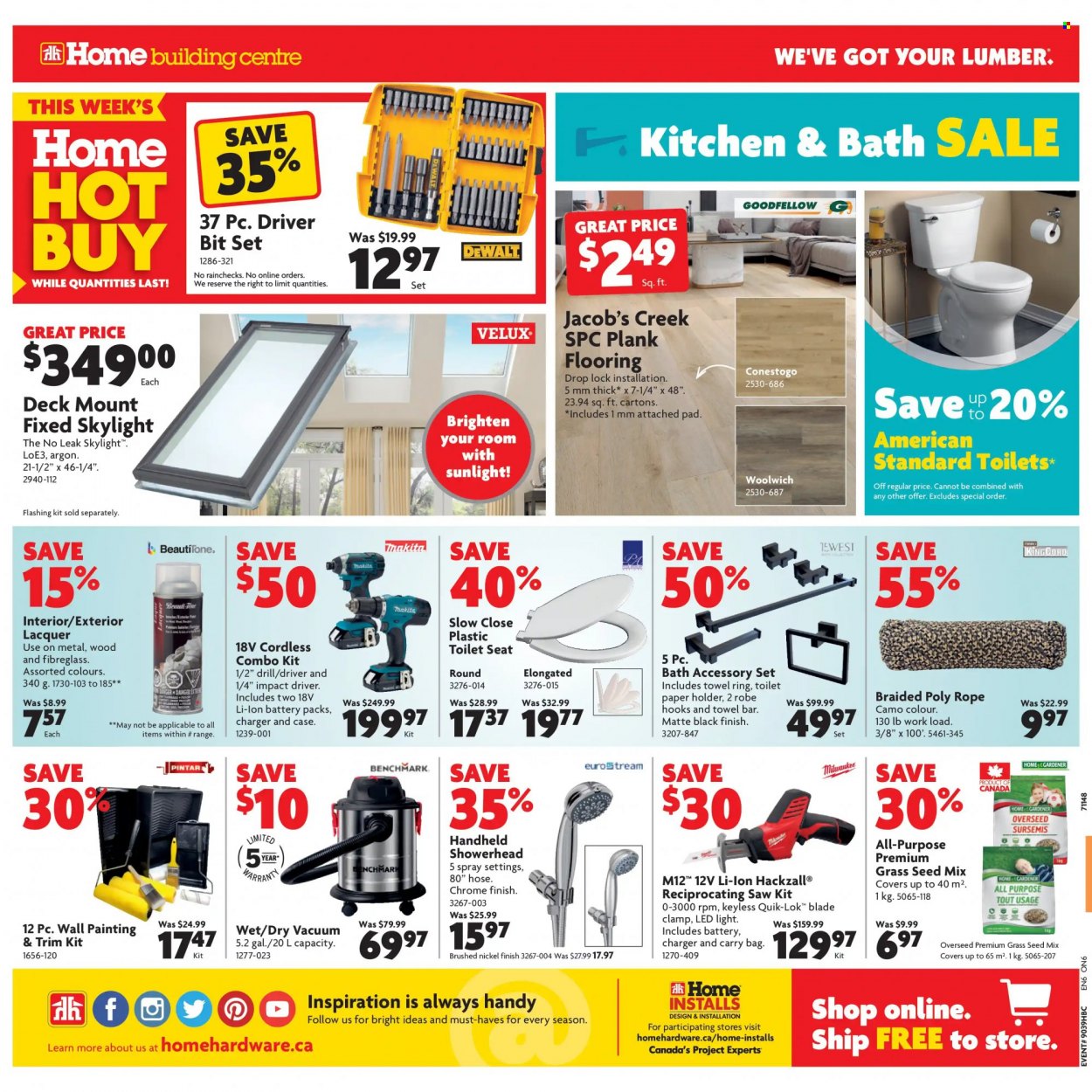 thumbnail - Home Building Centre Flyer - September 30, 2021 - October 06, 2021 - Sales products - vacuum cleaner, toilet seat, showerhead, LED light, holder, flooring, Milwaukee, cordless combo kit, DeWALT, drill, impact driver, saw, reciprocating saw, combo kit, plant seeds, grass seed. Page 2.