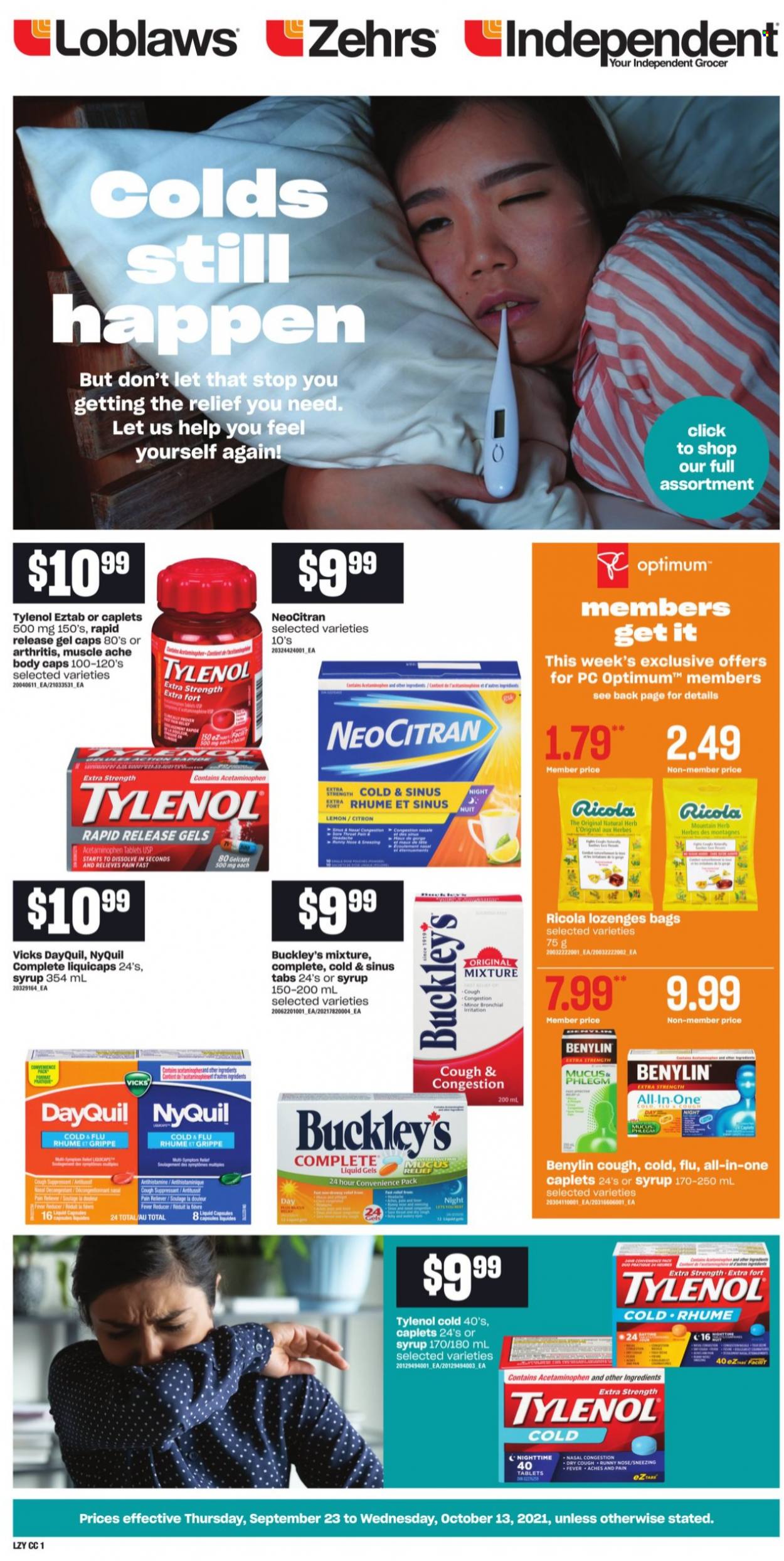 thumbnail - Loblaws Flyer - September 23, 2021 - October 13, 2021 - Sales products - Dole, Ricola, Vicks, bag, Optimum, DayQuil, Cold & Flu, Tylenol, NyQuil, Benylin. Page 1.