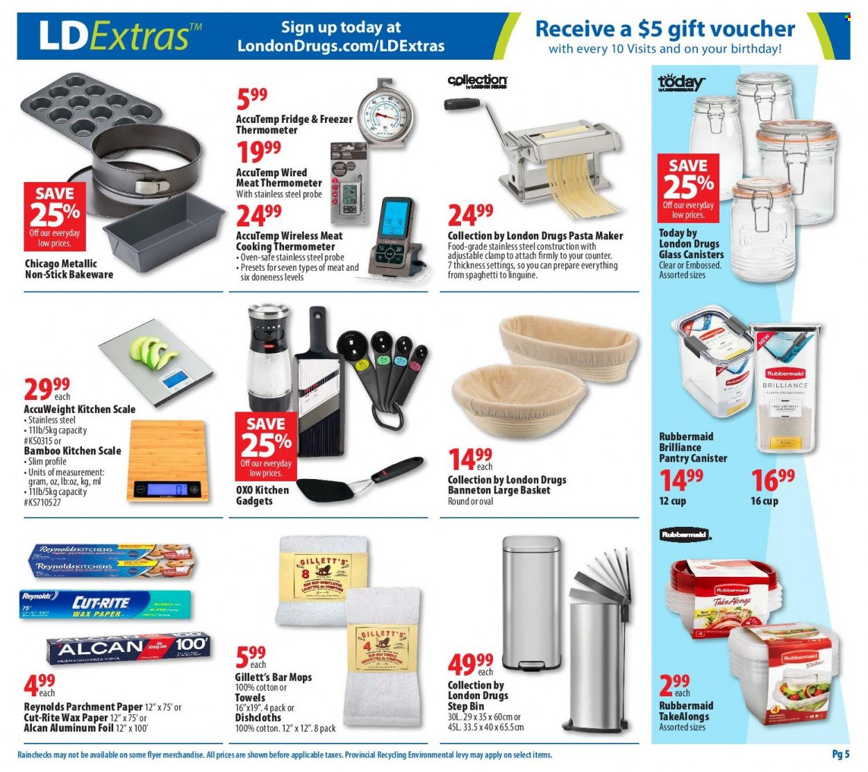 thumbnail - London Drugs Flyer - October 01, 2021 - October 06, 2021 - Sales products - scale, spaghetti, pasta, bin, thermometer, canister, cup, meat thermometer, kitchen scale, bakeware, aluminium foil, paper, towel, freezer, refrigerator, fridge, oven, basket. Page 5.