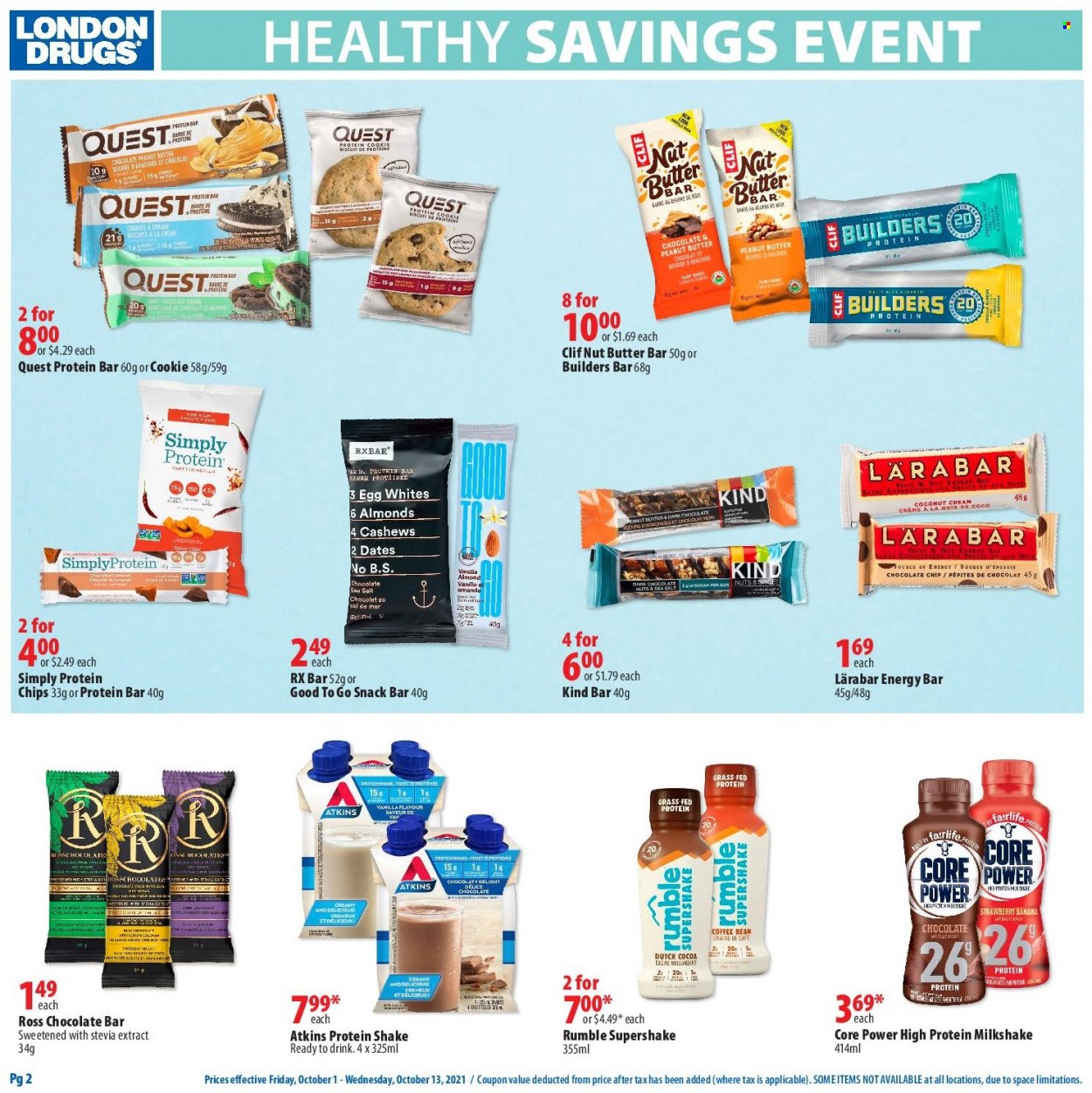thumbnail - London Drugs Flyer - October 01, 2021 - October 13, 2021 - Sales products - biscuit, snack bar, chocolate bar, cocoa, stevia, protein bar, peanut butter, coffee, chips. Page 2.