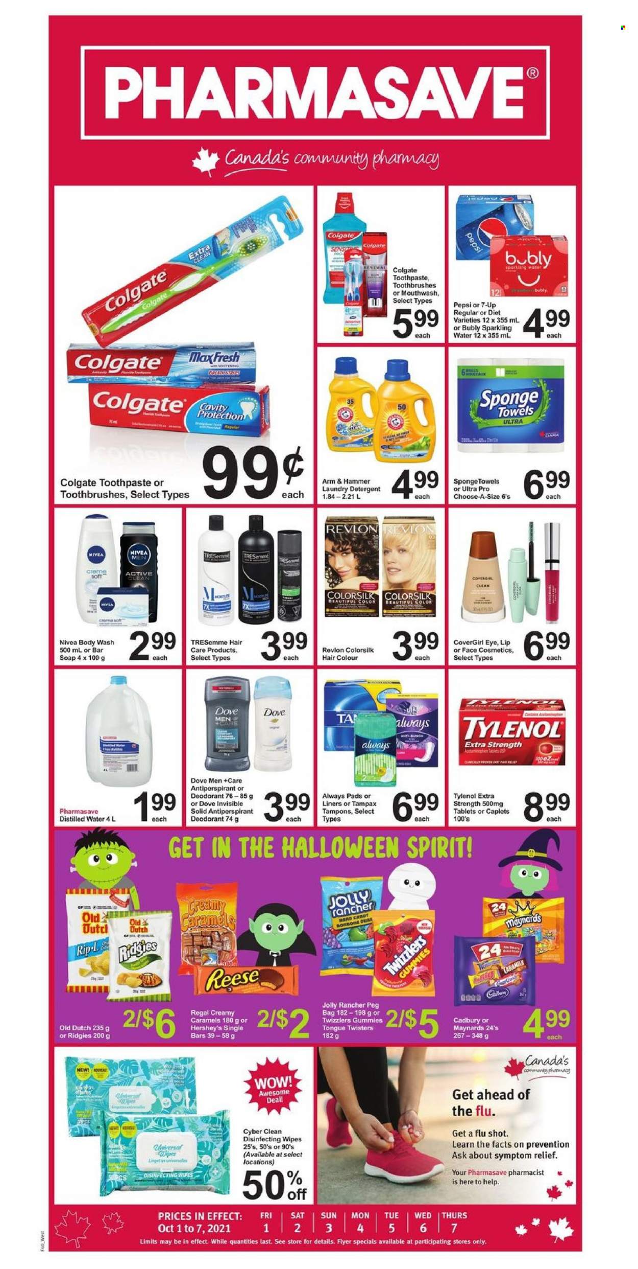 thumbnail - Pharmasave Flyer - October 01, 2021 - October 07, 2021 - Sales products - Hershey's, Cadbury, ARM & HAMMER, Pepsi, 7UP, sparkling water, wipes, laundry detergent, body wash, soap bar, soap, toothpaste, mouthwash, Always pads, sanitary pads, tampons, Revlon, TRESemmé, hair color, anti-perspirant, sponge, towel, Tylenol, detergent, Dove, Colgate, Tampax, Nivea, deodorant. Page 1.