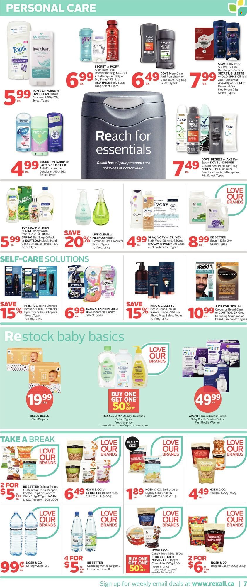 thumbnail - Rexall Flyer - October 01, 2021 - October 07, 2021 - Sales products - chocolate, potato chips, popcorn, spice, peanuts, spring water, sparkling water, nappies, body wash, Softsoap, hand soap, soap bar, soap, Olay, hair color, body spray, anti-perspirant, Speed Stick, BIC, Schick, disposable razor, essential oils, Dove, Gillette, quinoa, shampoo, Old Spice, chips, deodorant. Page 7.
