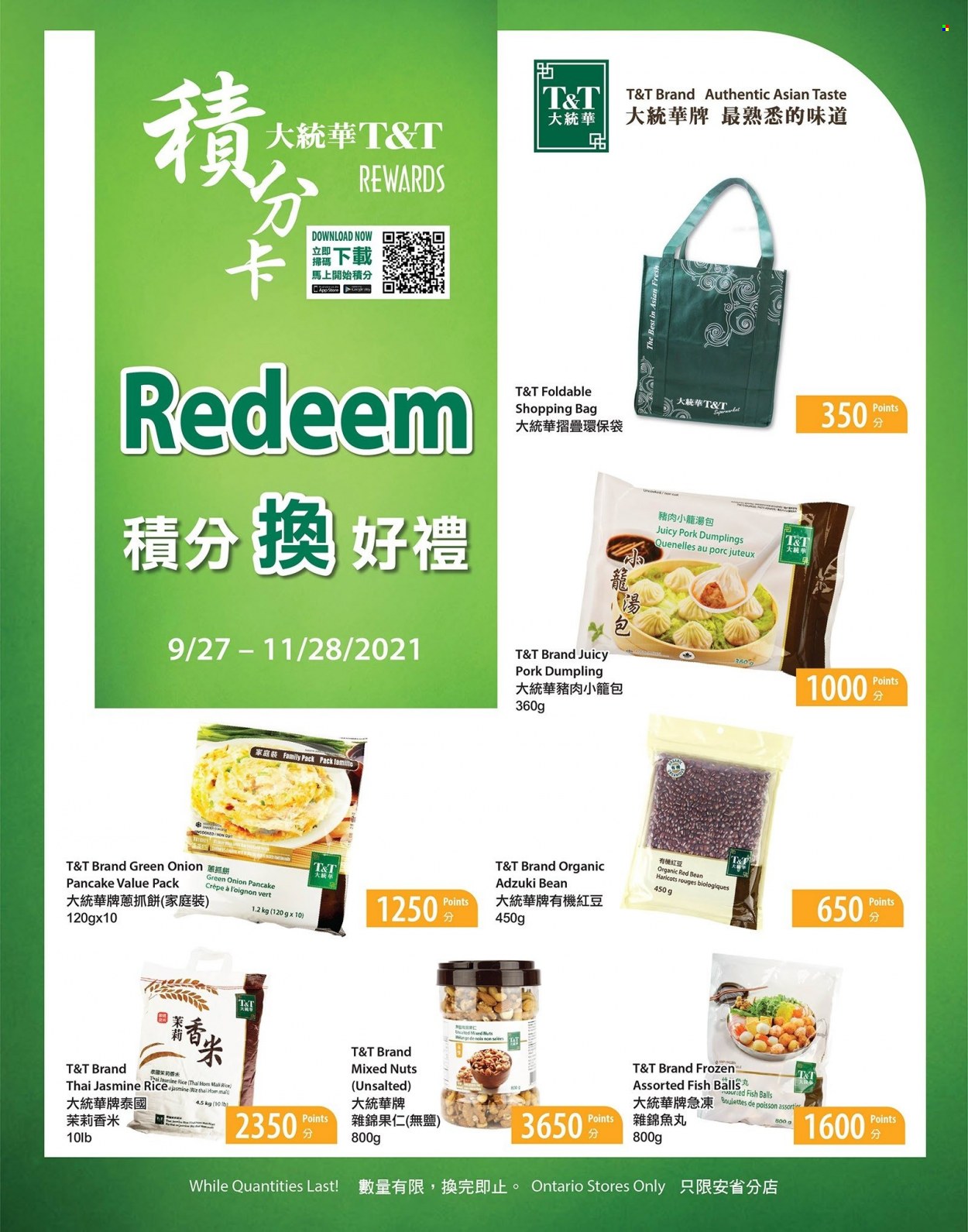 thumbnail - T&T Supermarket Flyer - September 27, 2021 - November 28, 2021 - Sales products - onion, green onion, fish, pancakes, dumplings, rice, jasmine rice, mixed nuts, shopping bag. Page 1.
