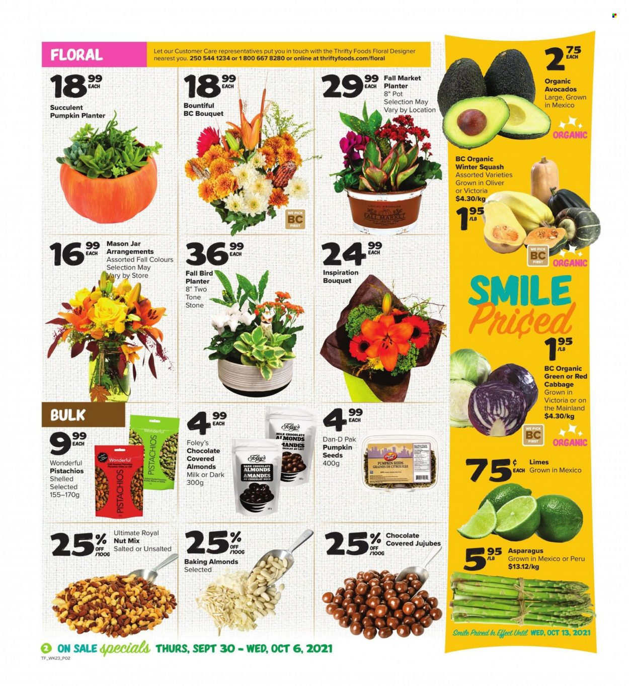 thumbnail - Thrifty Foods Flyer - September 30, 2021 - October 06, 2021 - Sales products - asparagus, cabbage, avocado, limes, milk chocolate, Dan-D Pak, almonds, pistachios, mixed nuts, pumpkin seeds, chocolate covered nuts, plant seeds, bouquet, succulent, outdoor flowers. Page 2.