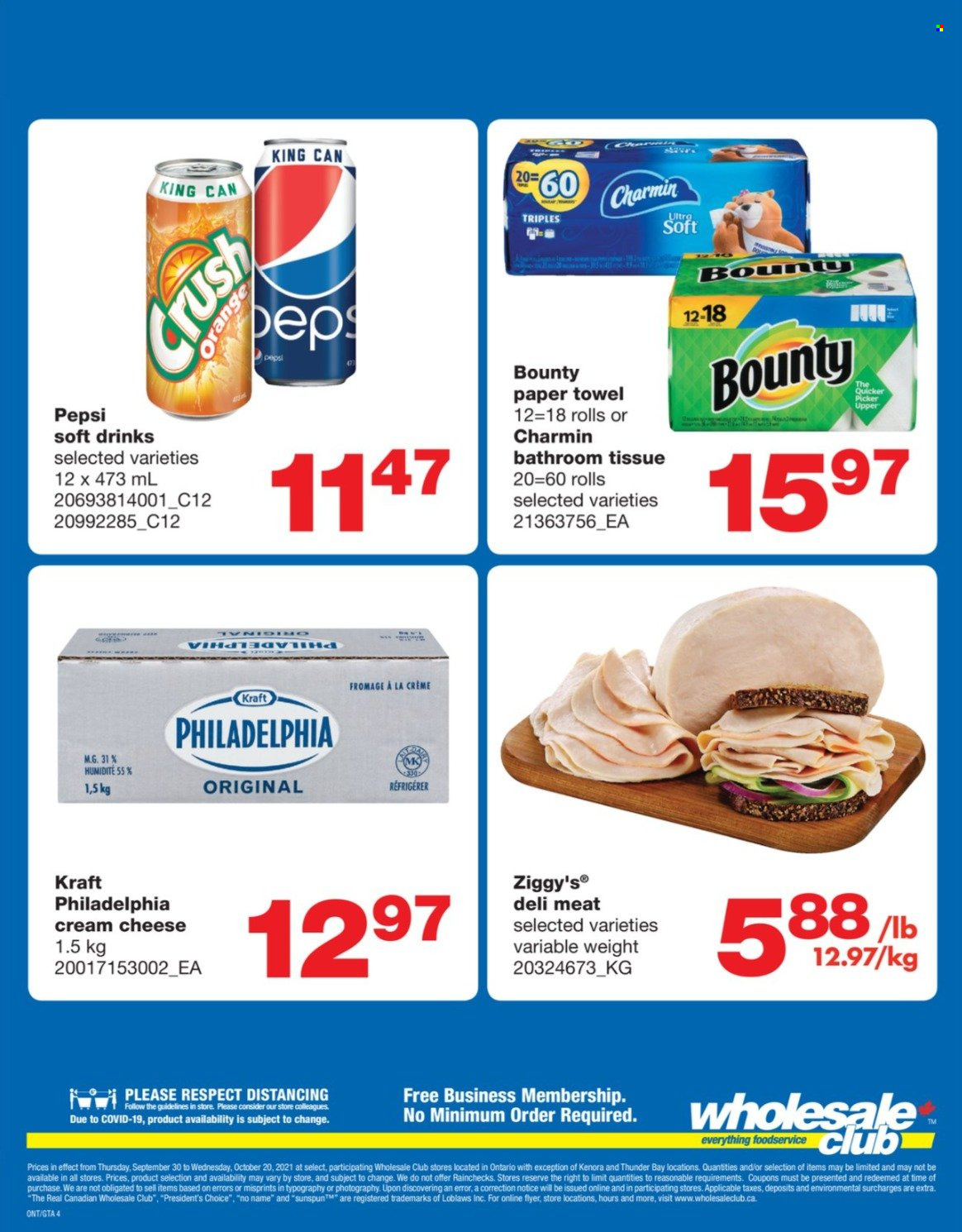thumbnail - Wholesale Club Flyer - September 30, 2021 - October 20, 2021 - Sales products - No Name, Kraft®, cream cheese, cheese, Président, Bounty, Pepsi, soft drink, bath tissue, paper towels, Charmin, Philadelphia. Page 4.