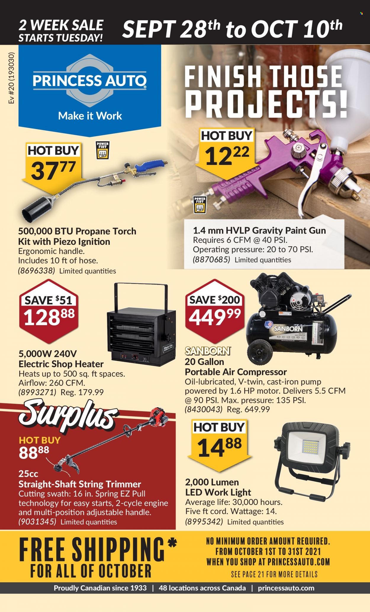 thumbnail - Princess Auto Flyer - September 28, 2021 - October 10, 2021 - Sales products - paint, work light, heater, string trimmer, air compressor, pump. Page 1.