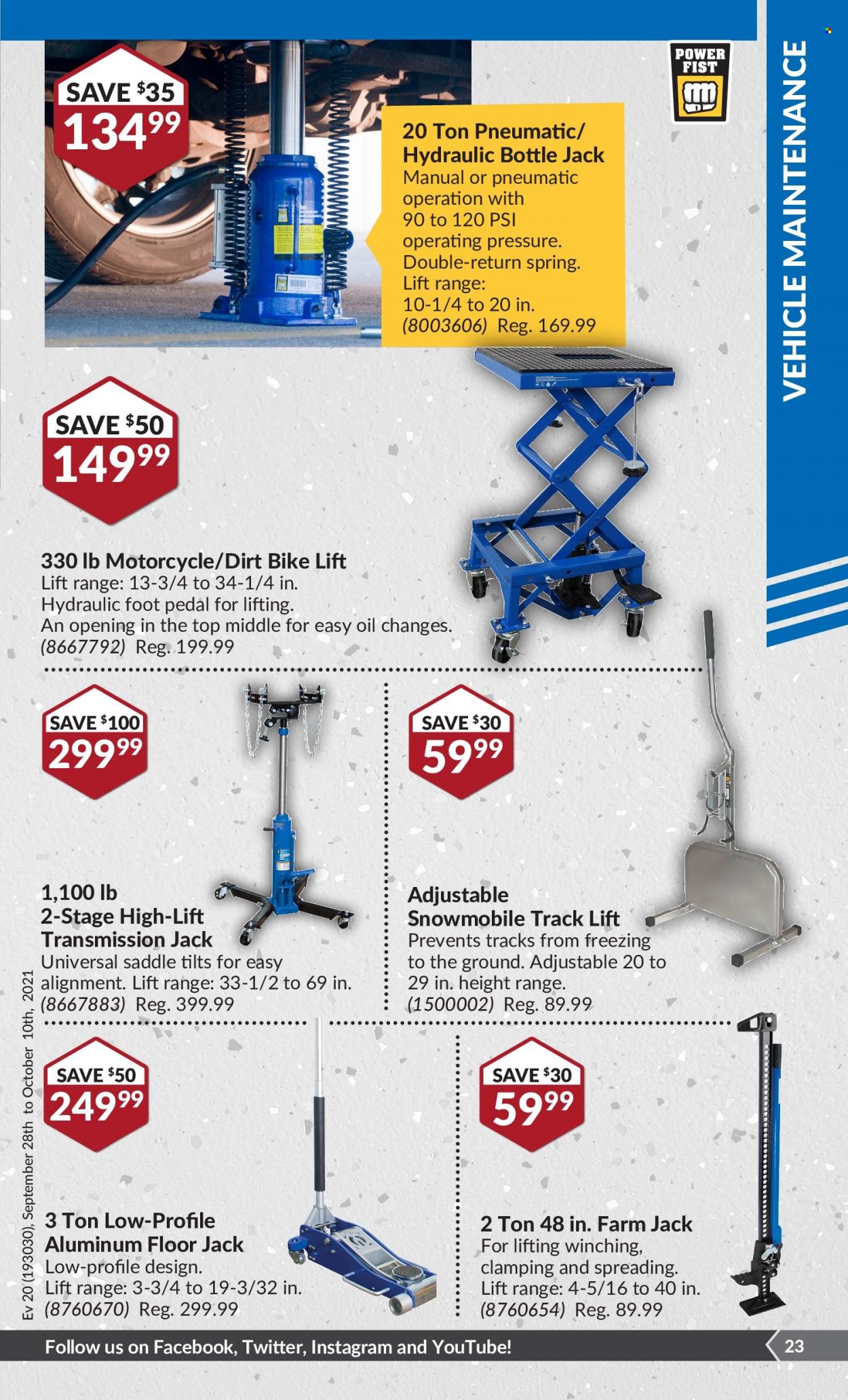 thumbnail - Princess Auto Flyer - September 28, 2021 - October 10, 2021 - Sales products - vehicle, motorcycle, floor jack. Page 23.