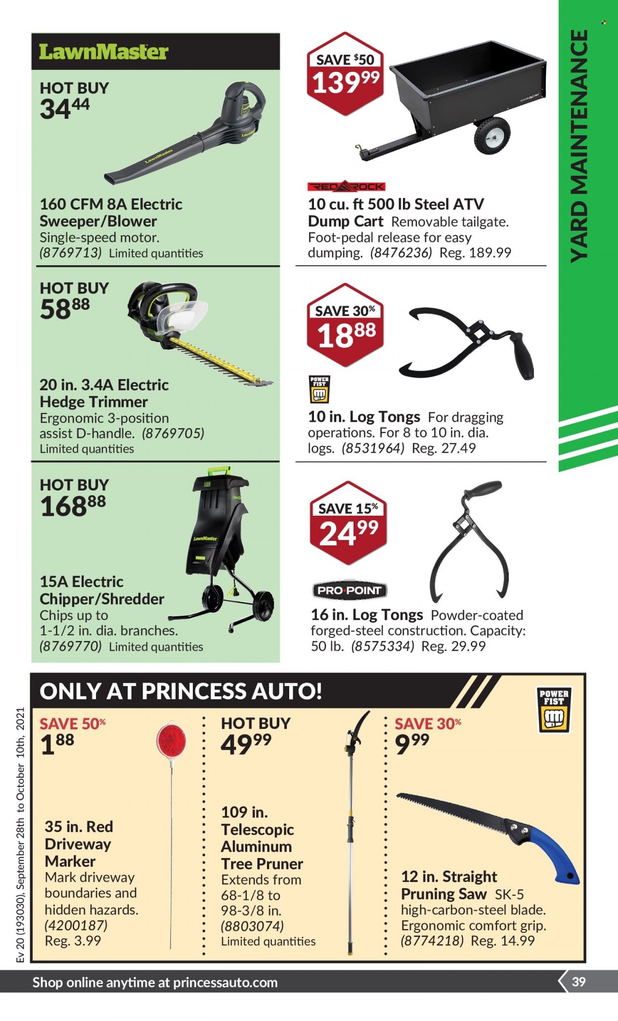 thumbnail - Princess Auto Flyer - September 28, 2021 - October 10, 2021 - Sales products - saw, hedge trimmer, shredder, chipper, tong, tree pruner, blower, cart. Page 39.