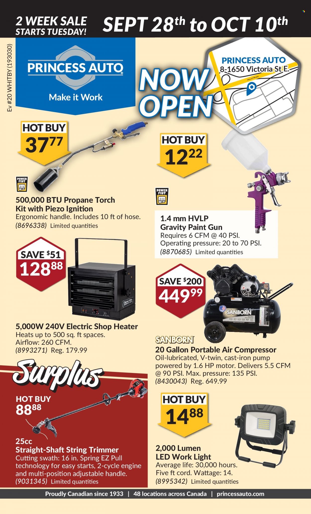 thumbnail - Princess Auto Flyer - September 28, 2021 - October 10, 2021 - Sales products - paint, work light, heater, string trimmer, air compressor, pump. Page 57.