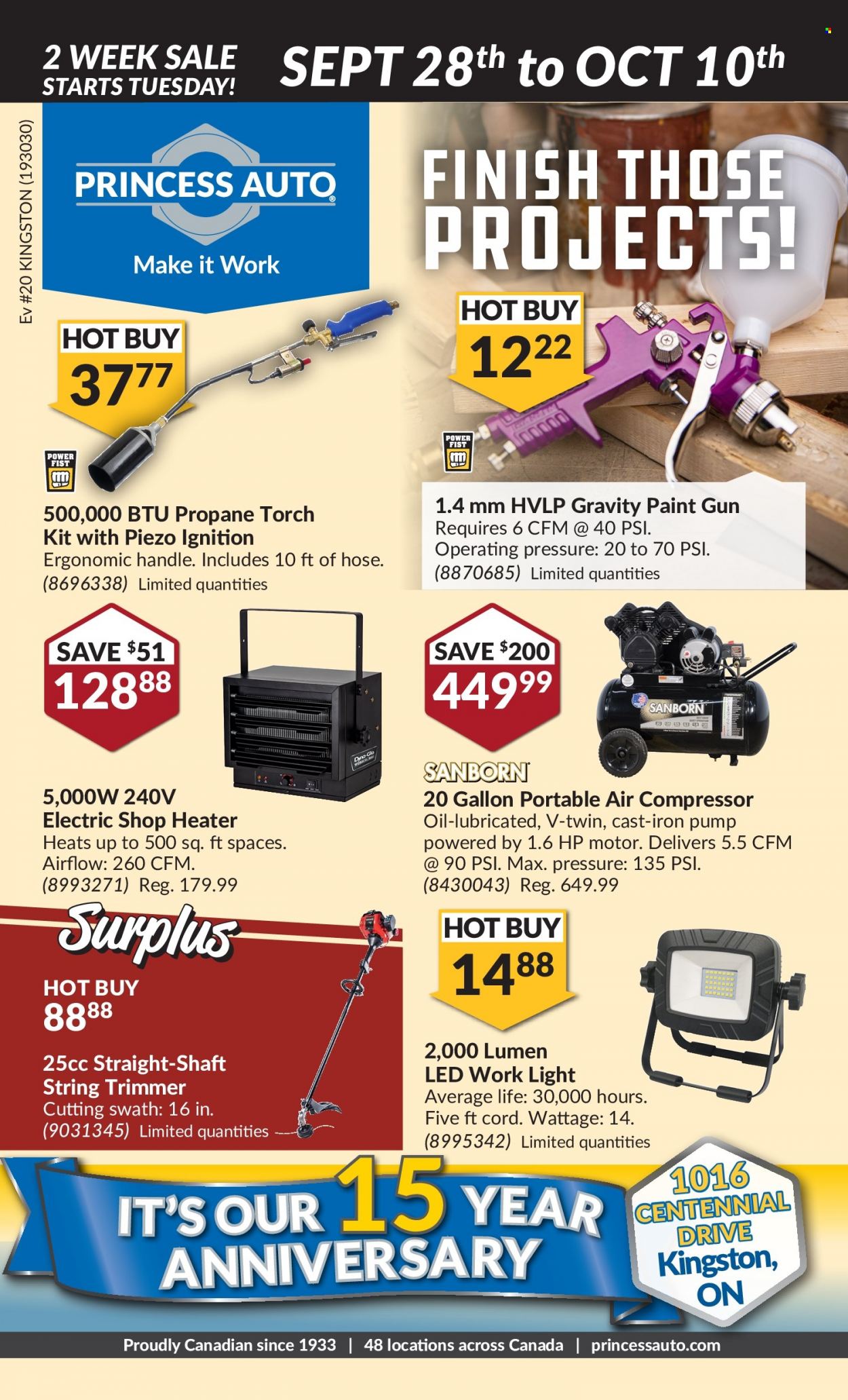 thumbnail - Princess Auto Flyer - September 28, 2021 - October 10, 2021 - Sales products - paint, work light, heater, string trimmer, air compressor, pump. Page 58.