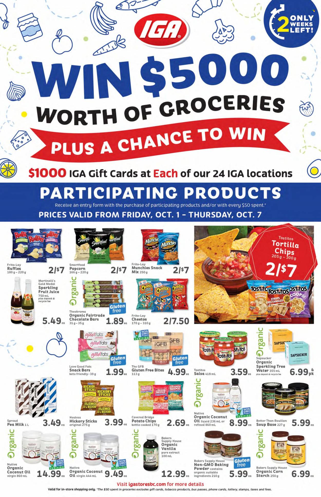 thumbnail - IGA Simple Goodness Flyer - October 01, 2021 - October 07, 2021 - Sales products - tortillas, soup, cheese, milk, sour cream, snack, snack bar, chocolate bar, potato chips, Cheetos, Smartfood, popcorn, Frito-Lay, Ruffles, Tostitos, bouillon, salsa, coconut oil, oil, juice, fruit juice, ketchup, chips. Page 2.