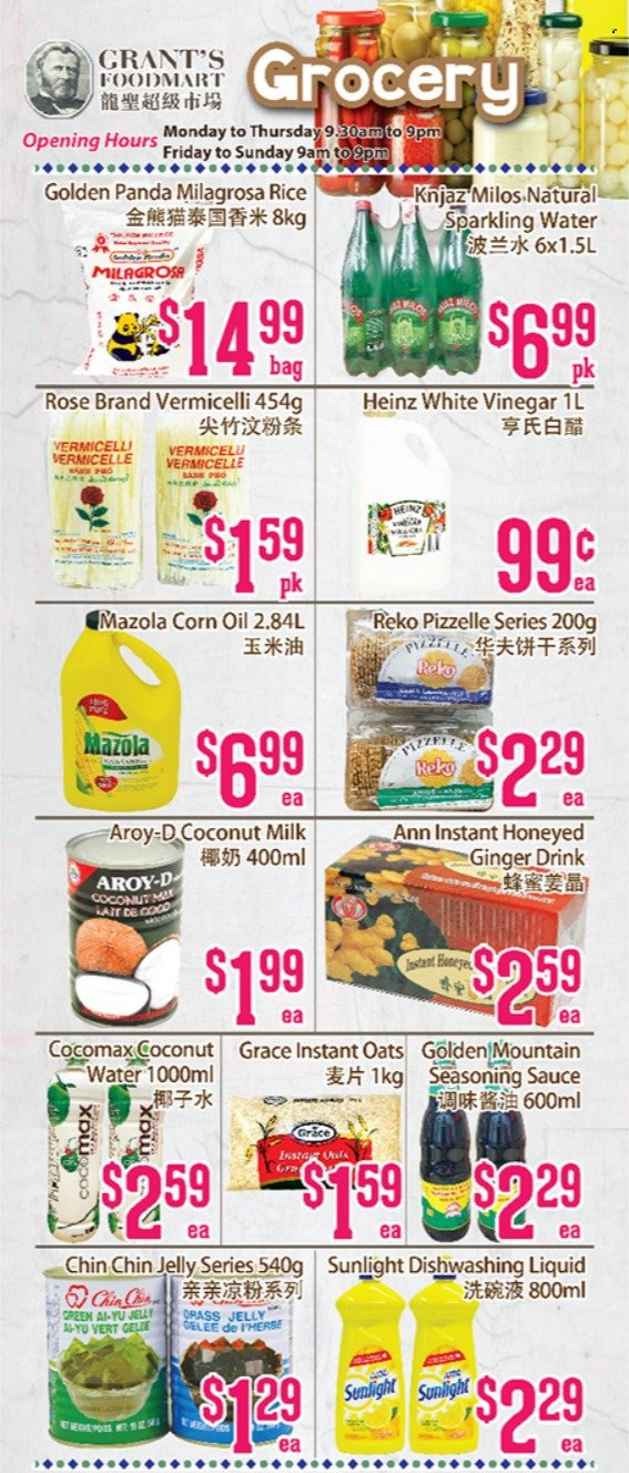 thumbnail - Grant's Foodmart Flyer - October 01, 2021 - October 07, 2021 - Sales products - ginger, sauce, jelly, oats, coconut milk, Heinz, rice, spice, corn oil, vinegar, sparkling water, rosé wine, Grant's, Sunlight, dishwashing liquid, bag. Page 3.