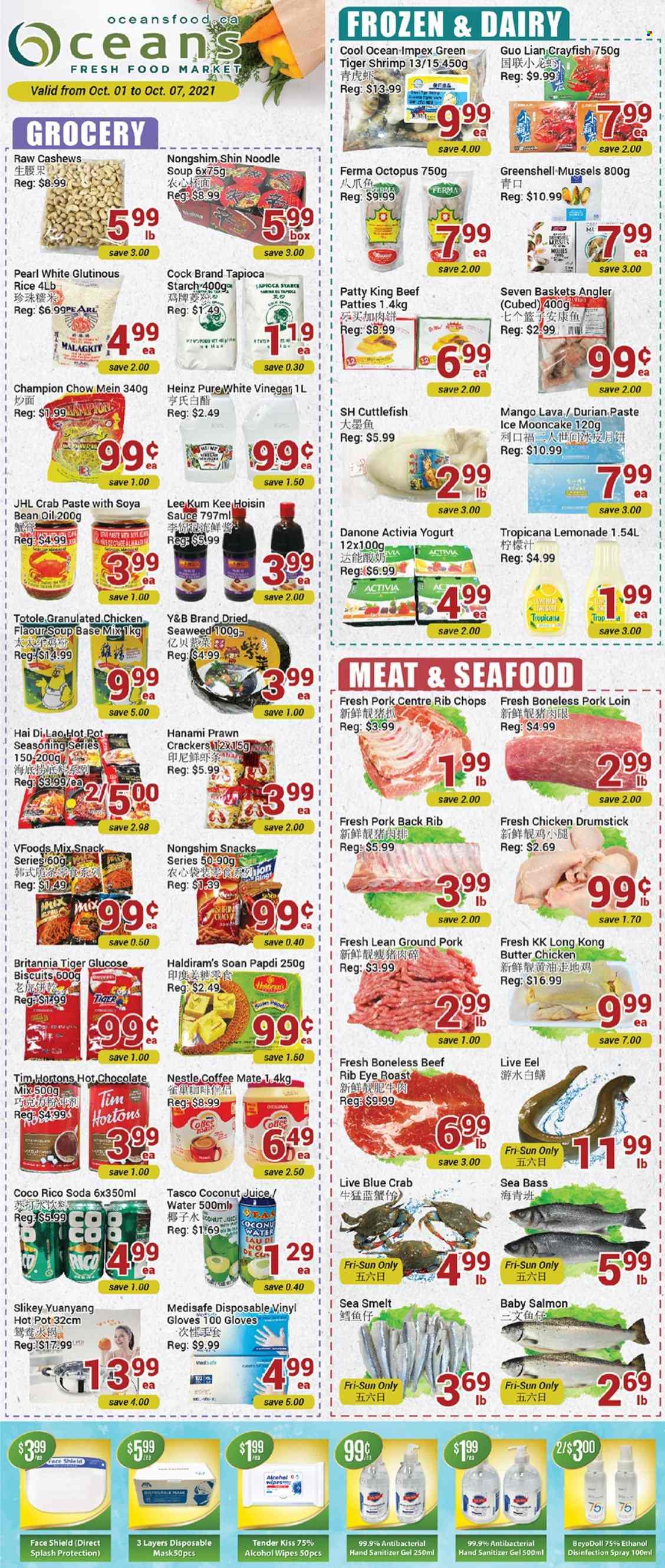 thumbnail - Oceans Flyer - October 01, 2021 - October 07, 2021 - Sales products - Ace, mango, cuttlefish, eel, mussels, salmon, sea bass, octopus, seafood, prawns, crab, shrimps, soup, sauce, noodles cup, noodles, yoghurt, Activia, Coffee-Mate, snack, crackers, biscuit, starch, tapioca starch, seaweed, Heinz, rice, spice, hoisin sauce, Lee Kum Kee, vinegar, oil, cashews, lemonade, juice, soda, hot chocolate, beef meat, ground pork, pork loin, pork meat, rib chops, wipes, hand sanitizer, Danone, Nestlé. Page 1.
