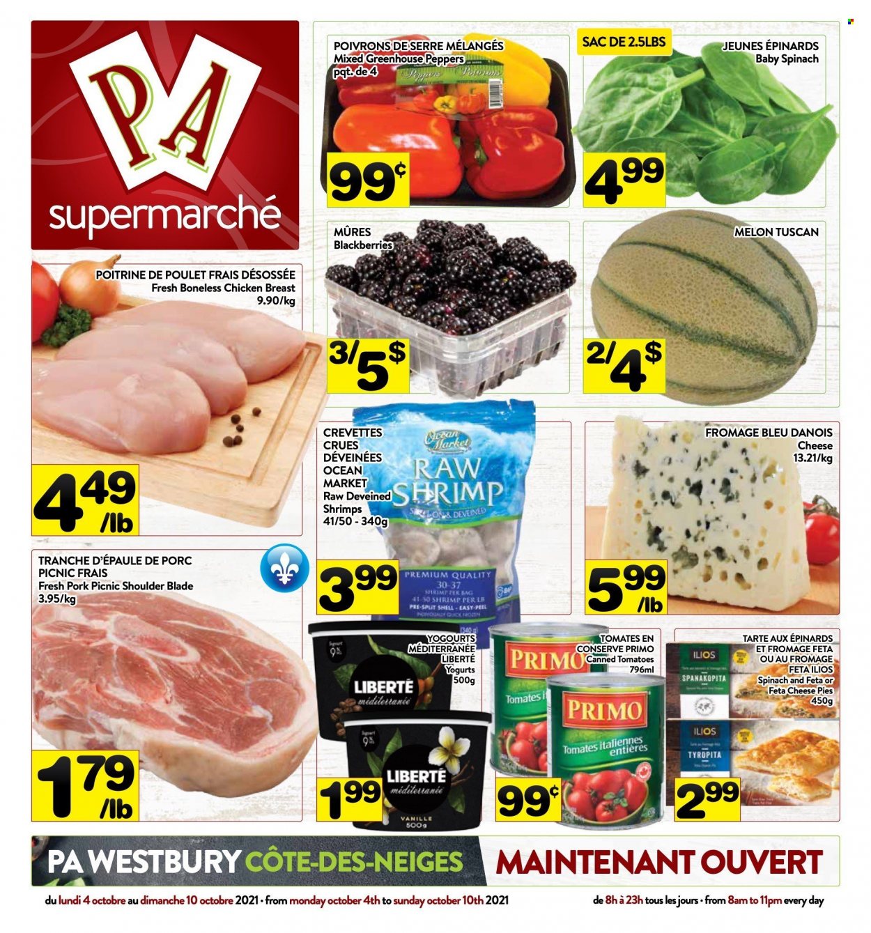 thumbnail - Circulaire PA Supermarché - 04 Octobre 2021 - 10 Octobre 2021 - Produits soldés - tomates, épinard, poivrons, melon, crevettes, tarte, mûres, féta. Page 1.