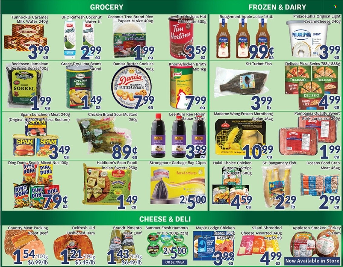thumbnail - Oceans Flyer - October 01, 2021 - October 07, 2021 - Sales products - beans, crab meat, turbot, crab, fish, pizza, nuggets, hamburger, sauce, bacon, ham, hummus, Spam, lunch meat, cream cheese, milk, dip, lima beans, strips, cookies, wafers, butter cookies, chicken broth, broth, rice, caramel, mustard, Lee Kum Kee, apple juice, juice, coconut water, hot chocolate, beef meat, roast beef, bag, Knorr, Philadelphia. Page 3.