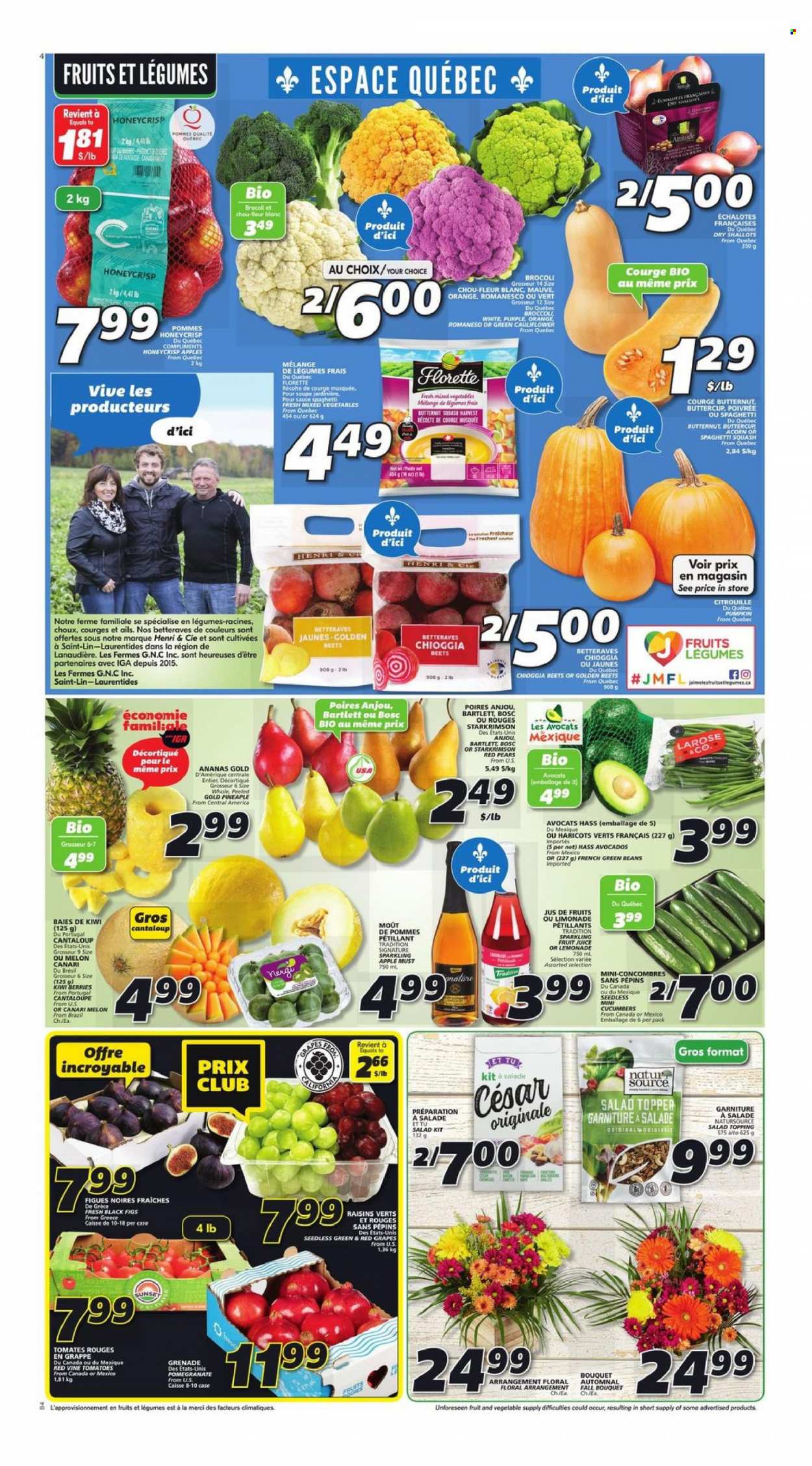 thumbnail - IGA Flyer - October 07, 2021 - October 13, 2021 - Sales products - beans, broccoli, butternut squash, cantaloupe, cucumber, green beans, shallots, pumpkin, salad, apples, avocado, figs, grapes, pears, melons, pomegranate, sauce, mixed vegetables, Merci, topping, dried fruit, lemonade, kiwi, raisins. Page 3.
