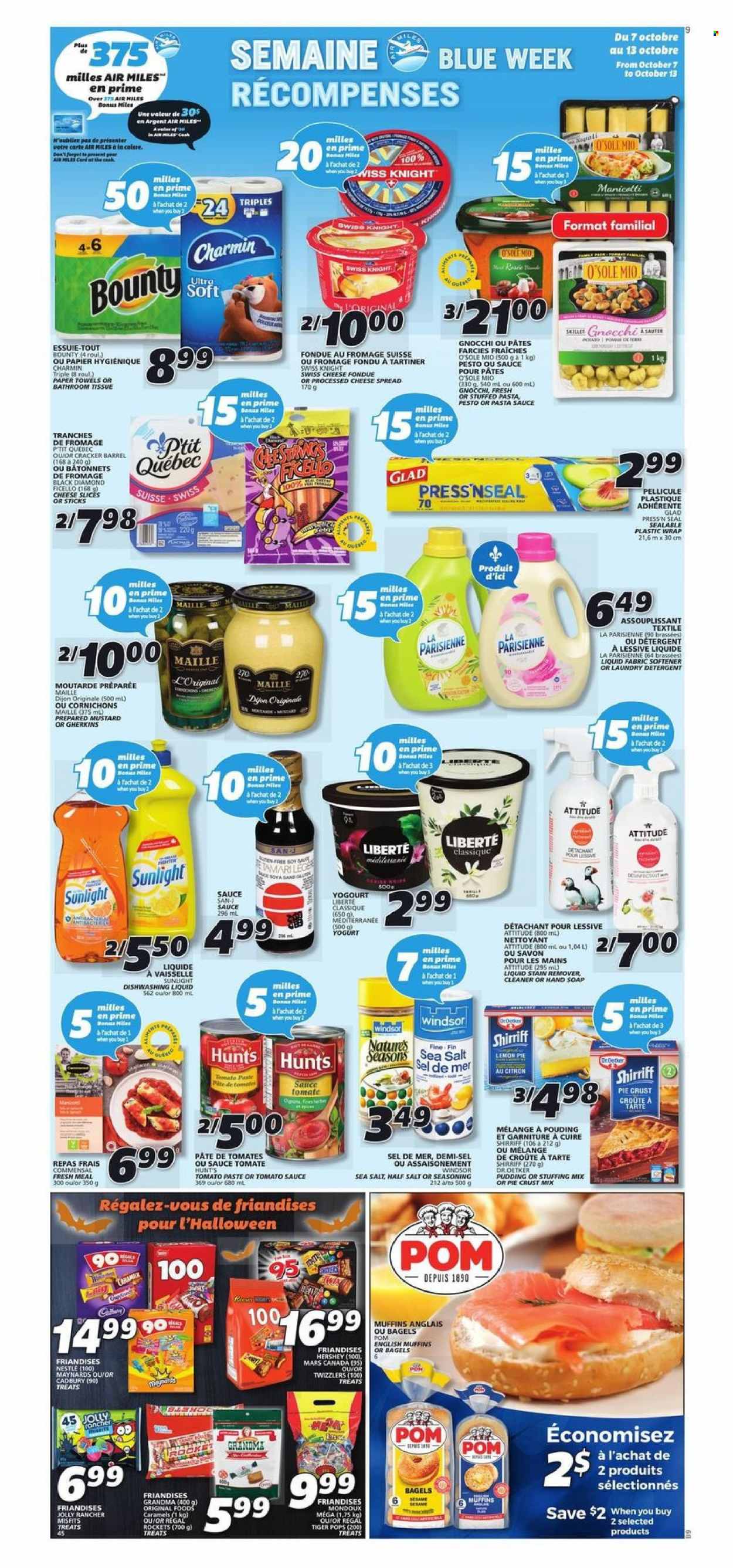 thumbnail - IGA Flyer - October 07, 2021 - October 13, 2021 - Sales products - bagels, english muffins, pasta sauce, sauce, cheese spread, sliced cheese, swiss cheese, Dr. Oetker, pudding, yoghurt, Bounty, Mars, crackers, Cadbury, stuffing mix, pie crust, tomato paste, spice, mustard, Nestlé, gnocchi, pesto. Page 8.
