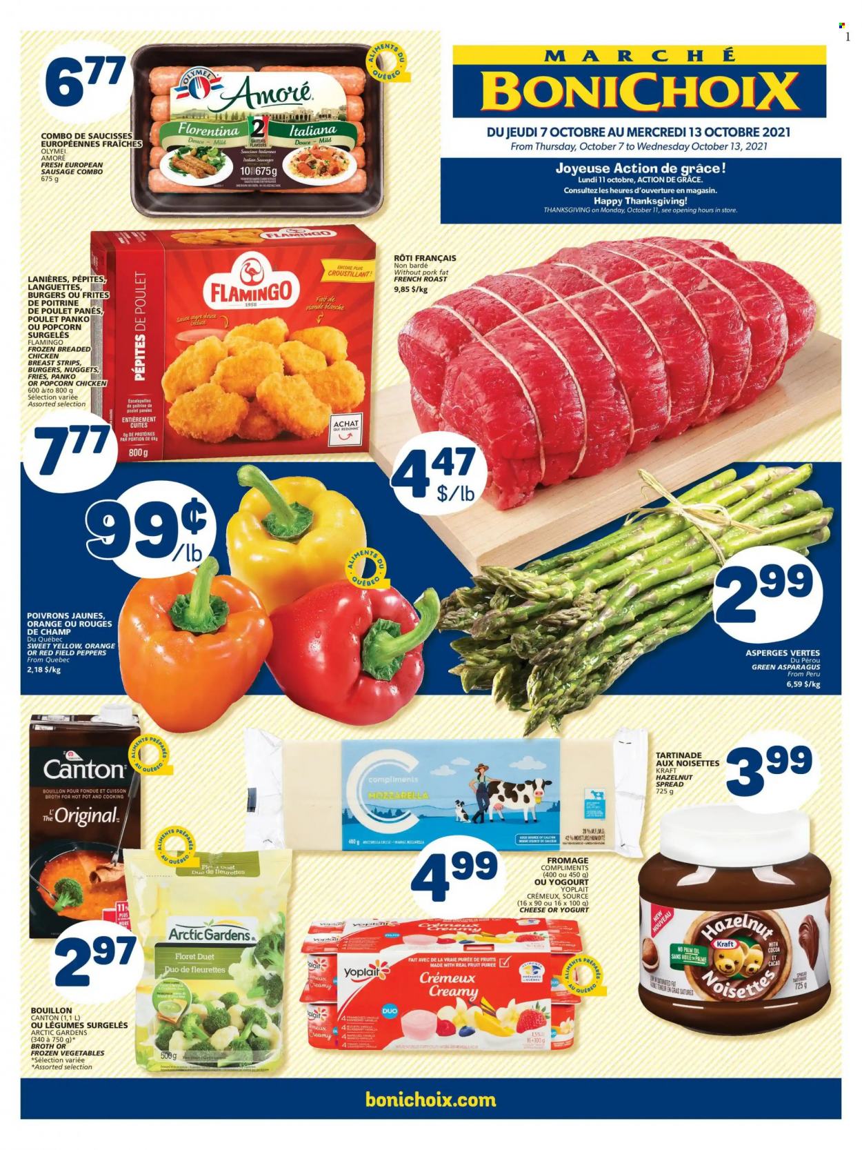 thumbnail - Marché Bonichoix Flyer - October 07, 2021 - October 13, 2021 - Sales products - panko breadcrumbs, asparagus, peppers, nuggets, hamburger, fried chicken, Kraft®, sausage, cheese, Yoplait, frozen vegetables, strips, potato fries, popcorn, bouillon, broth, oil, hazelnut spread, chicken, oranges. Page 1.
