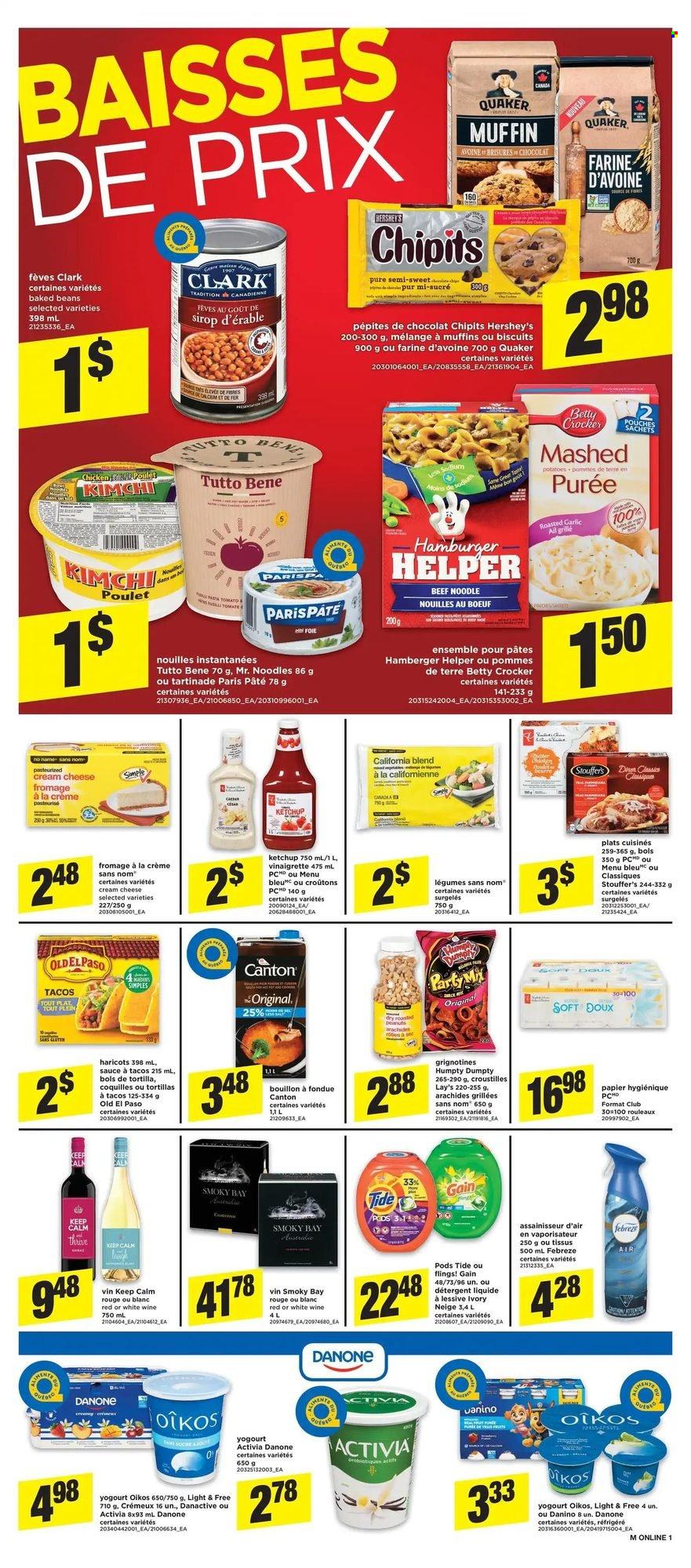 thumbnail - Maxi & Cie Flyer - October 07, 2021 - October 13, 2021 - Sales products - tortillas, Old El Paso, tacos, muffin, beans, garlic, potatoes, No Name, sauce, Quaker, noodles, cream cheese, cheese, Activia, Oikos, Hershey's, Stouffer's, biscuit, Lay’s, bouillon, croutons, baked beans, vinaigrette dressing, peanuts, Febreze, Gain, Tide, Danone, detergent, ketchup. Page 6.