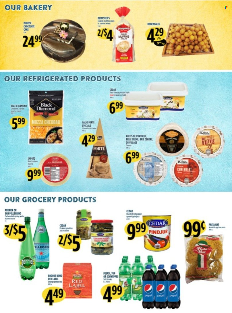 thumbnail - Adonis Flyer - October 07, 2021 - October 13, 2021 - Sales products - cake, muffin, chocolate cake, pasta, cheddar, cheese, brie, chocolate, Schweppes, Pepsi, Perrier, spring water, San Pellegrino, oranges. Page 6.
