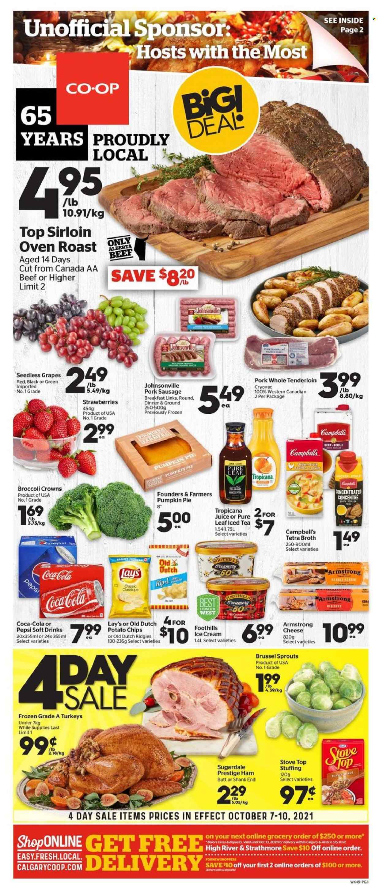 thumbnail - Calgary Co-op Flyer - October 07, 2021 - October 13, 2021 - Sales products - pie, pumpkin, brussel sprouts, grapes, seedless grapes, strawberries, Campbell's, Sugardale, ham, Johnsonville, sausage, pork sausage, cheese, ice cream, potato chips, Lay’s, broth, Coca-Cola, Pepsi, juice, ice tea, soft drink, Pure Leaf. Page 1.