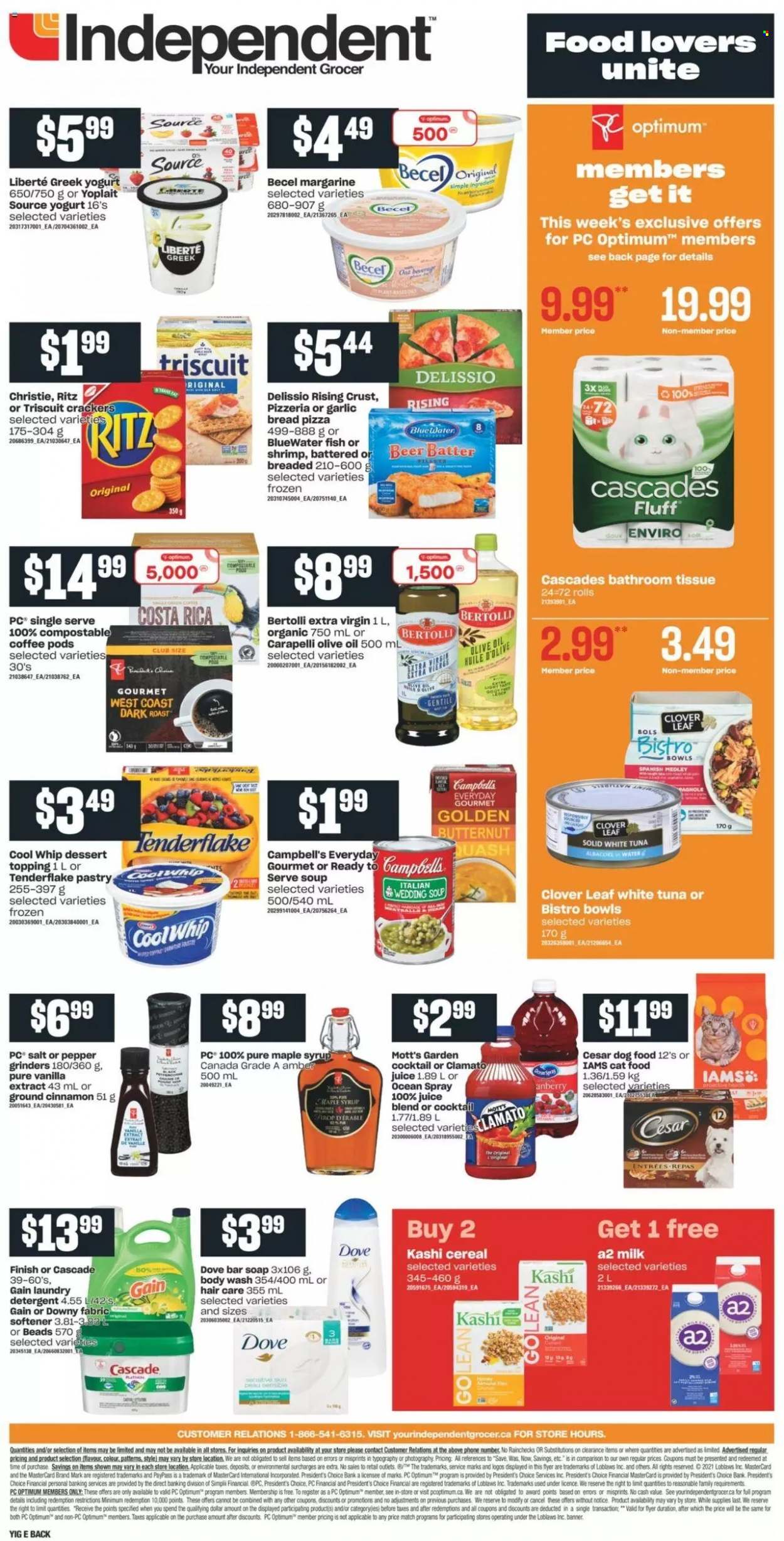 thumbnail - Independent Flyer - October 07, 2021 - October 13, 2021 - Sales products - bread, butternut squash, Mott's, fish, shrimps, Campbell's, pizza, soup, Bertolli, Président, greek yoghurt, yoghurt, Clover, Yoplait, milk, margarine, Cool Whip, crackers, RITZ, salt, topping, vanilla extract, cereals, cinnamon, extra virgin olive oil, olive oil, oil, maple syrup, syrup, juice, Clamato, coffee pods, beer, bath tissue, Gain, fabric softener, laundry detergent, Cascade, Downy Laundry, body wash, soap bar, soap, animal food, cat food, dog food, Optimum, Iams, detergent, Dove. Page 2.