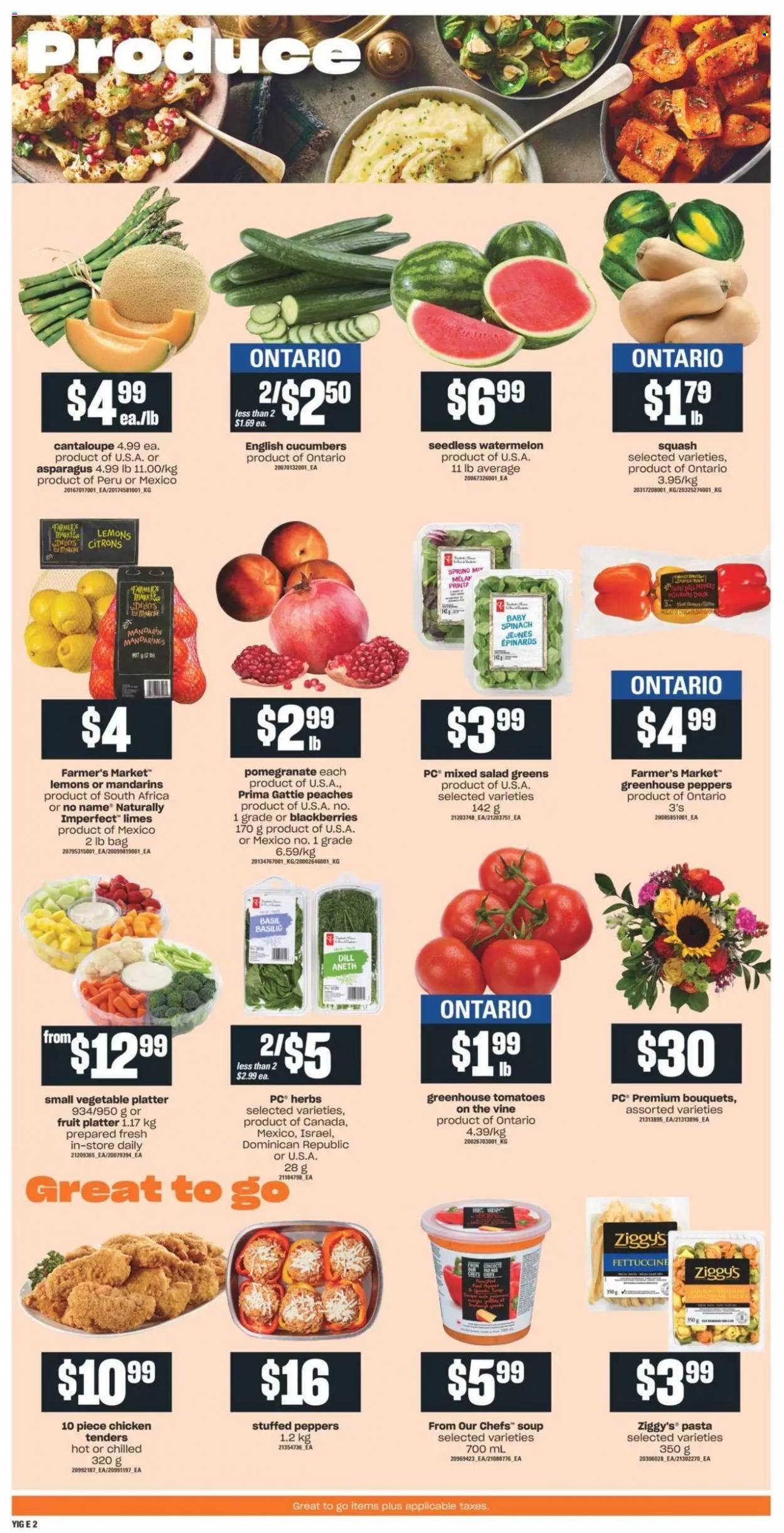 thumbnail - Independent Flyer - October 07, 2021 - October 13, 2021 - Sales products - asparagus, cantaloupe, cucumber, tomatoes, salad, peppers, blackberries, limes, mandarines, watermelon, pomegranate, lemons, peaches, No Name, chicken tenders, soup, pasta, esponja, dill, salad greens. Page 3.