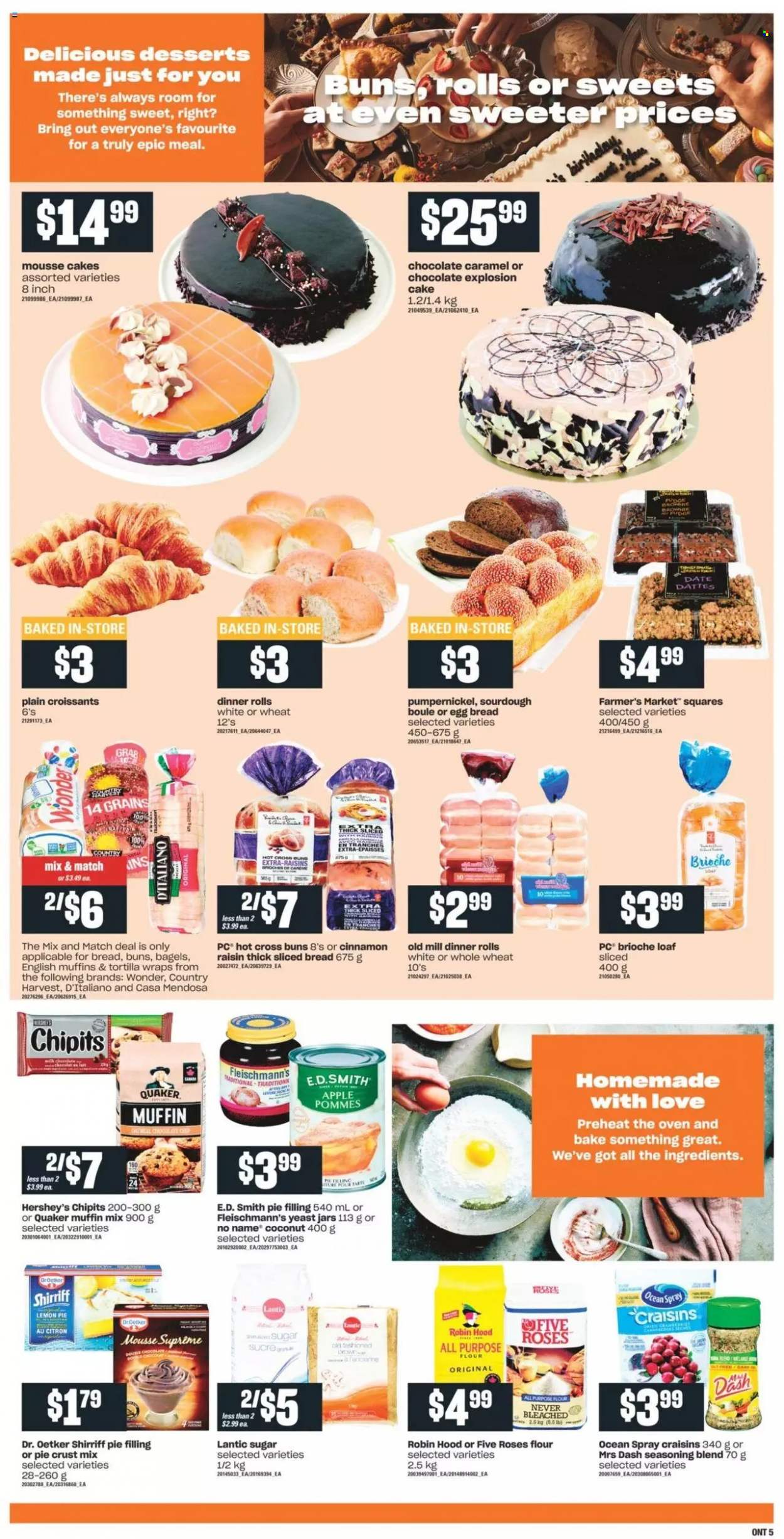 thumbnail - Independent Flyer - October 07, 2021 - October 13, 2021 - Sales products - Apple, bagels, english muffins, tortillas, dinner rolls, croissant, buns, brioche, wraps, muffin mix, coconut, No Name, Quaker, Dr. Oetker, yeast, Hershey's, Country Harvest, chocolate, sugar, pie crust, pie filling, craisins, spice, dried fruit, jar, raisins. Page 7.