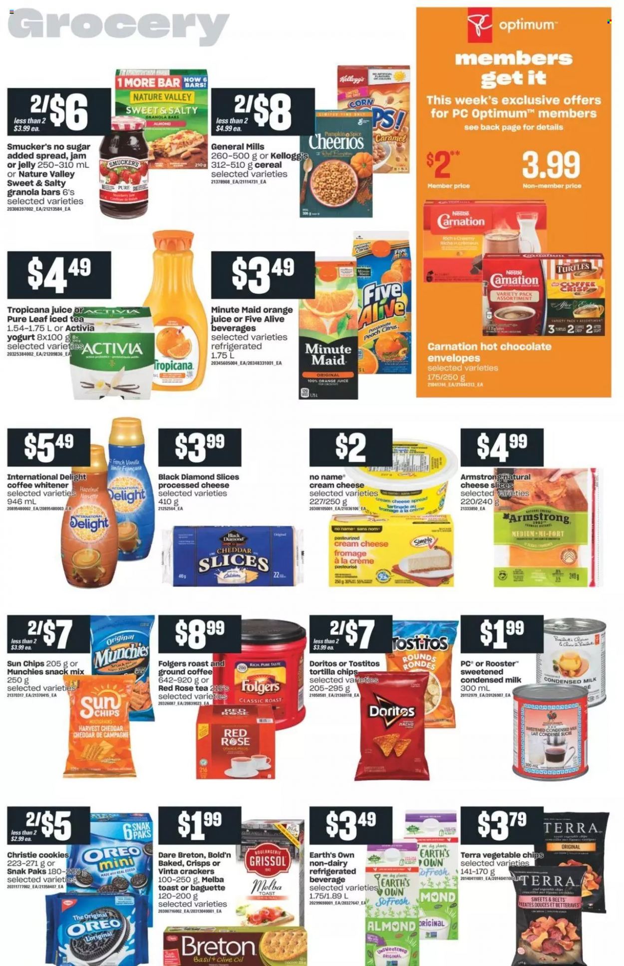 thumbnail - Independent Flyer - October 07, 2021 - October 13, 2021 - Sales products - corn, No Name, cheese spread, cream cheese, sliced cheese, yoghurt, Activia, milk, condensed milk, cookies, snack, jelly, crackers, Kellogg's, Doritos, tortilla chips, vegetable chips, Tostitos, cocoa, cereals, Cheerios, granola bar, Nature Valley, esponja, spice, fruit jam, orange juice, juice, ice tea, fruit punch, hot chocolate, Pure Leaf, coffee, Folgers, ground coffee, wine, rosé wine, envelope, Optimum, Oreo, baguette, chips. Page 8.