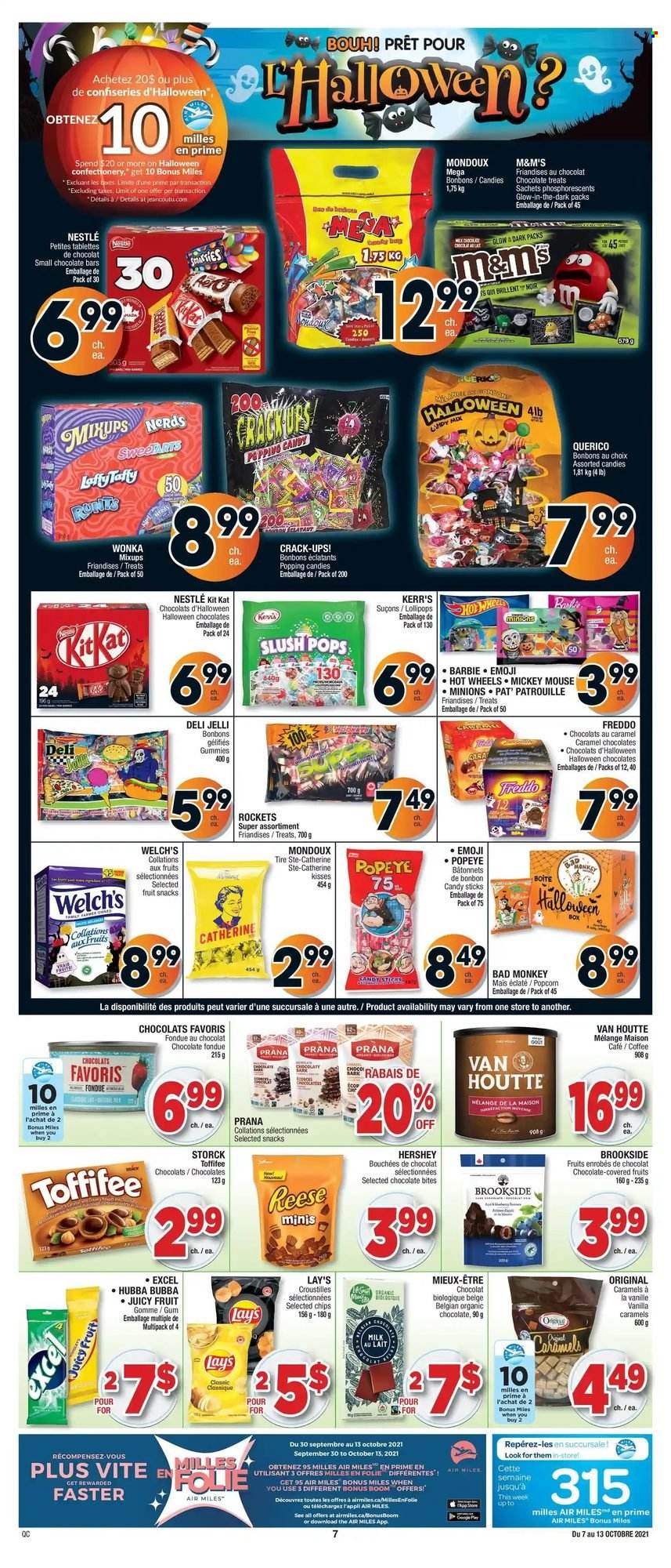 thumbnail - Jean Coutu Flyer - October 07, 2021 - October 13, 2021 - Sales products - KitKat, lollipop, Welch's, fruit snack, chocolate bar, Lay’s, caramel, coffee, Hot Wheels, Mickey Mouse, Minions, Barbie, monkey, Halloween, Nestlé, chips, M&M's. Page 7.