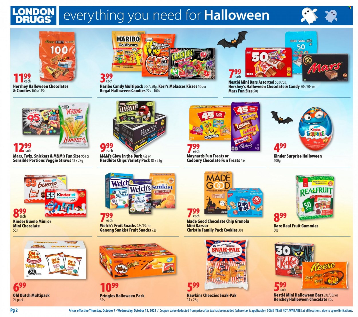 thumbnail - London Drugs Flyer - October 07, 2021 - October 13, 2021 - Sales products - cookies, Haribo, Snickers, Twix, Kinder Surprise, Mars, Hershey's, Kinder Bueno, Cadbury, Welch's, fruit snack, Pringles, Veggie Straws, molasses, Halloween, Nestlé, granola, chips, M&M's. Page 2.