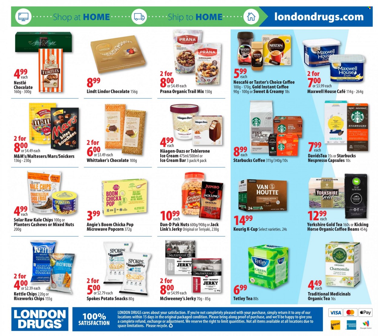 thumbnail - London Drugs Flyer - October 07, 2021 - October 13, 2021 - Sales products - Snickers, Mars, Toblerone, Maltesers, Whittaker's, kale, kettle, popcorn, Jack Link's, beans, Dan-D Pak, cashews, mixed nuts, Planters, trail mix, Maxwell House, tea, Nespresso, coffee capsules, Starbucks, K-Cups, Keurig, Nestlé, chips, Lindt, Lindor, Nescafé, M&M's. Page 20.
