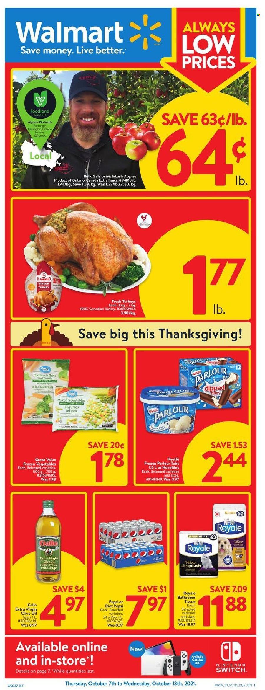 thumbnail - Walmart Flyer - October 07, 2021 - October 13, 2021 - Sales products - Gala, frozen vegetables, mixed vegetables, extra virgin olive oil, olive oil, oil, switch, Pepsi, Diet Pepsi, L'Or, bath tissue, Nestlé. Page 1.