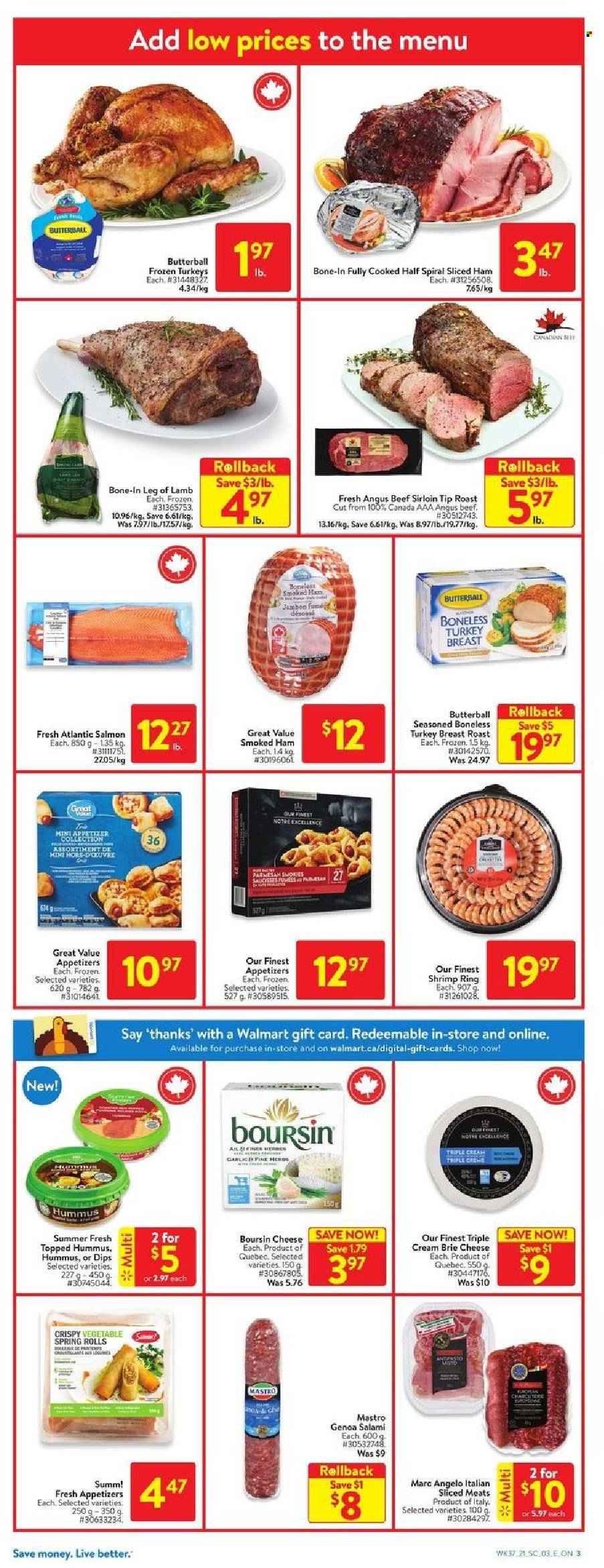 thumbnail - Walmart Flyer - October 07, 2021 - October 13, 2021 - Sales products - salmon, shrimps, spring rolls, Butterball, salami, ham, smoked ham, hummus, cheese, brie, turkey breast, turkey, beef meat, beef sirloin, lamb leg. Page 3.