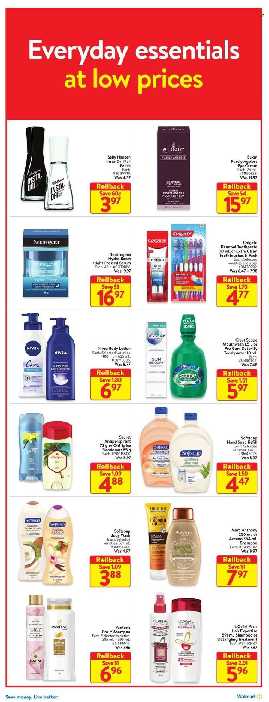 thumbnail - Walmart Flyer - October 07, 2021 - October 13, 2021 - Sales products - spice, coconut oil, oil, Boost, L'Or, Aveeno, body wash, Softsoap, hand soap, soap, toothpaste, mouthwash, Crest, L’Oréal, serum, eye cream, Sukin, body lotion, body milk, anti-perspirant, polish, scope, Colgate, Neutrogena, Sally Hansen, shampoo, Pantene, Nivea, Old Spice. Page 10.