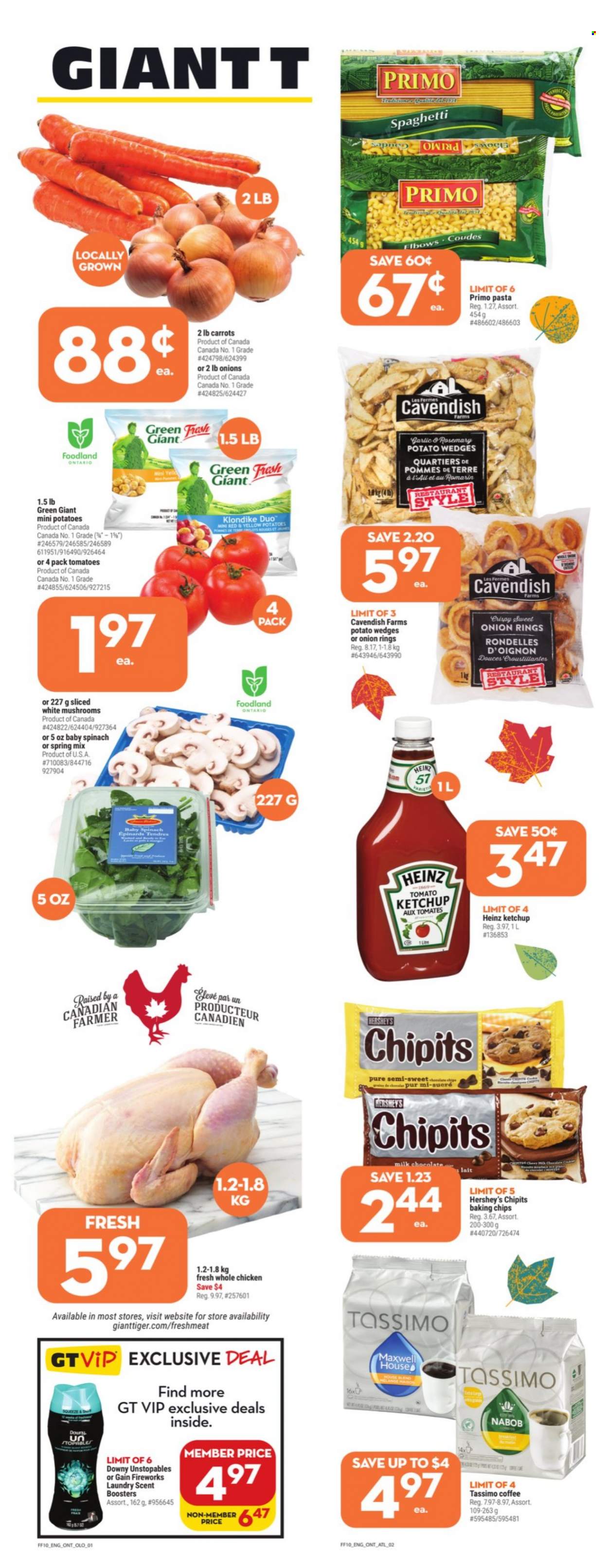 thumbnail - Giant Tiger Flyer - October 06, 2021 - October 12, 2021 - Sales products - mushrooms, carrots, garlic, tomatoes, potatoes, spaghetti, onion rings, pasta, Hershey's, potato wedges, milk chocolate, chocolate, baking chips, Heinz, rosemary, Maxwell House, coffee, whole chicken, chicken, Gain, Unstopables, Gain Fireworks, ketchup. Page 2.